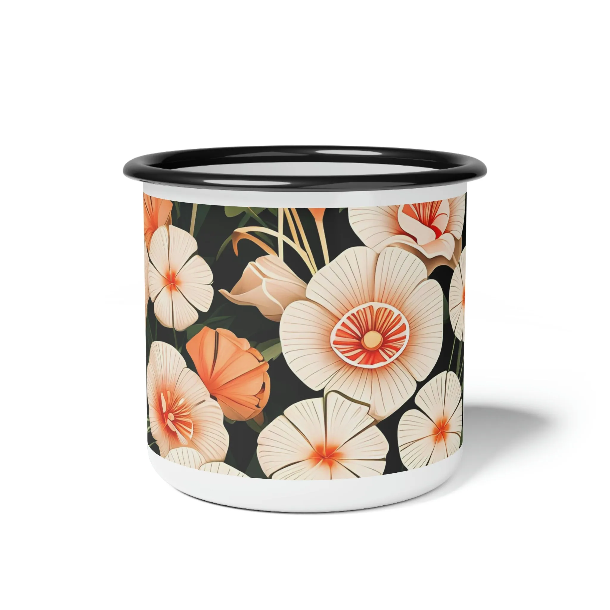 Art Deco Flowers, Enamel Camping Mug for Coffee, Tea, Cocoa, or Cereal - 12oz