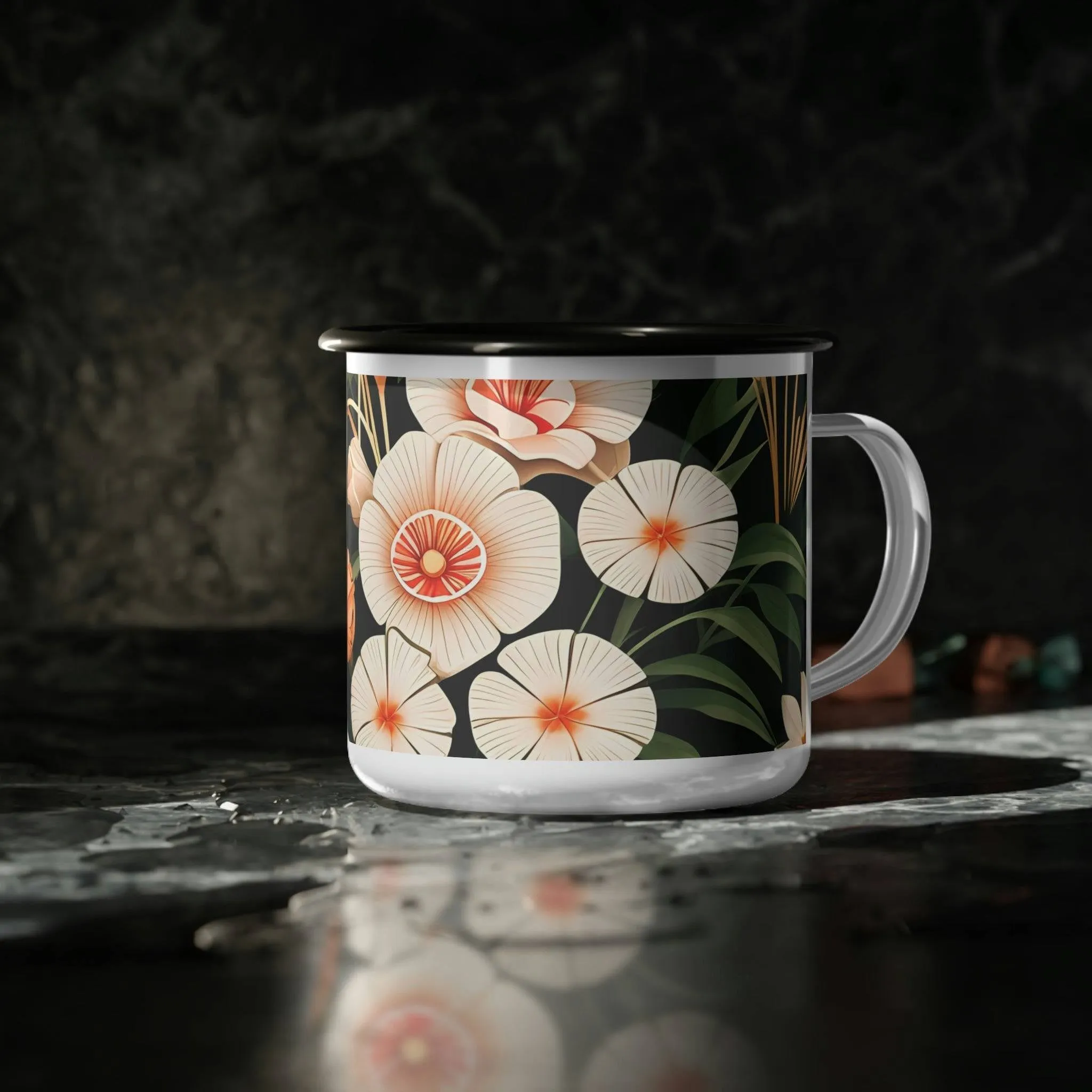 Art Deco Flowers, Enamel Camping Mug for Coffee, Tea, Cocoa, or Cereal - 12oz