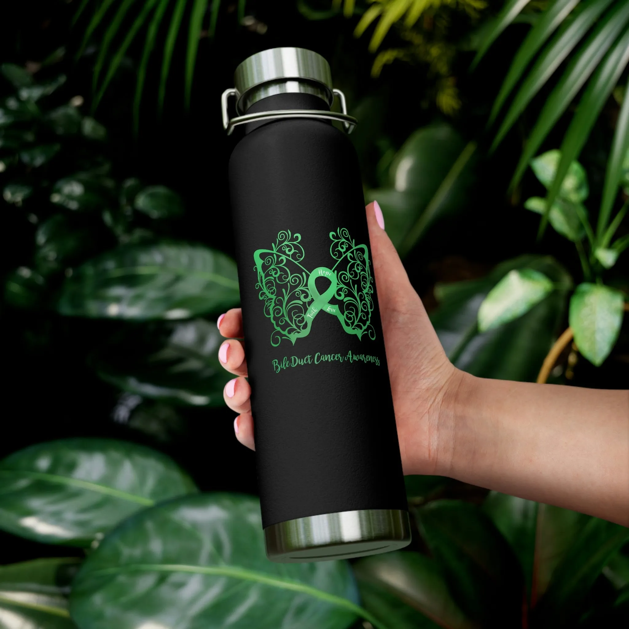 Bile Duct Cancer Awareness Filigree Butterfly Copper Vacuum Insulated Bottle, 22oz - Several Colors Available