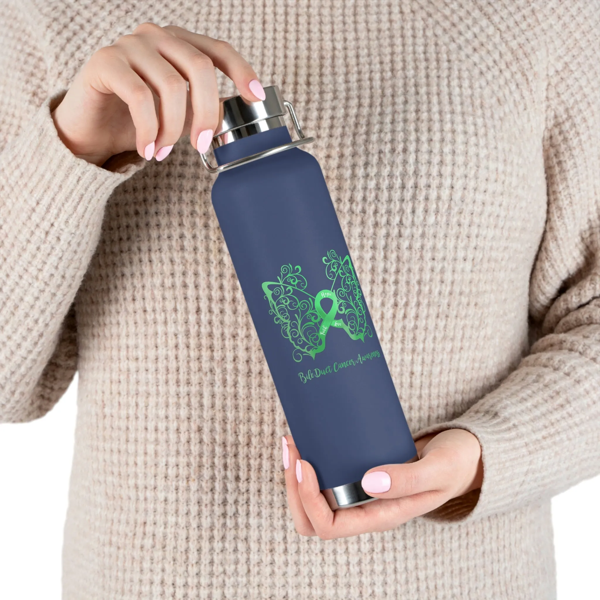 Bile Duct Cancer Awareness Filigree Butterfly Copper Vacuum Insulated Bottle, 22oz - Several Colors Available