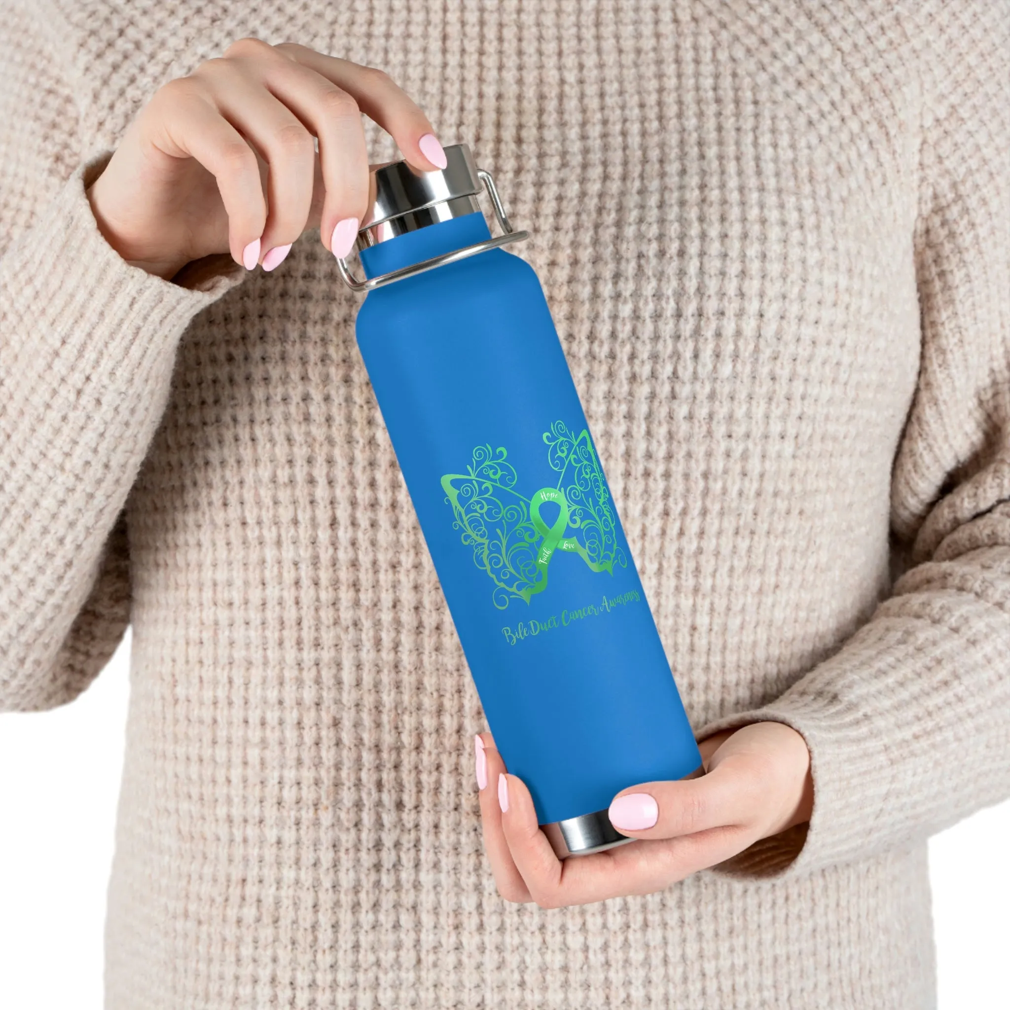 Bile Duct Cancer Awareness Filigree Butterfly Copper Vacuum Insulated Bottle, 22oz - Several Colors Available