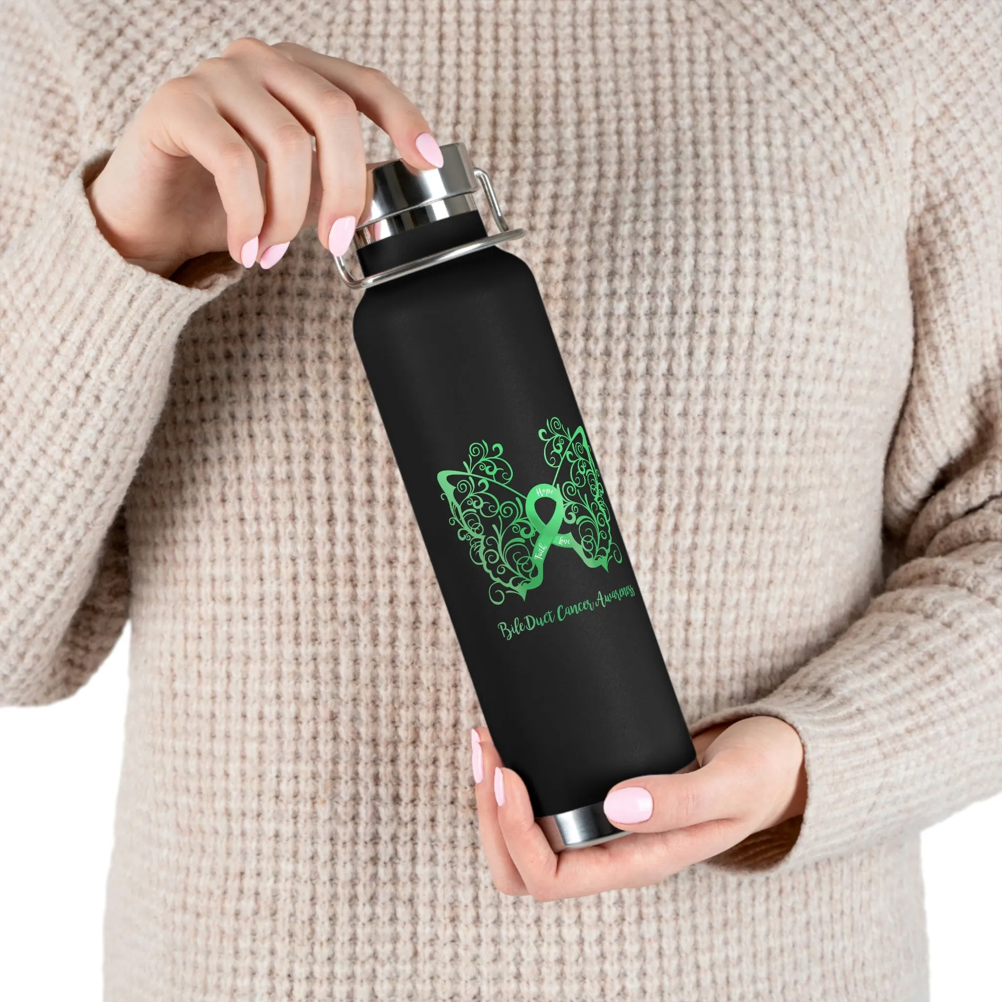 Bile Duct Cancer Awareness Filigree Butterfly Copper Vacuum Insulated Bottle, 22oz - Several Colors Available