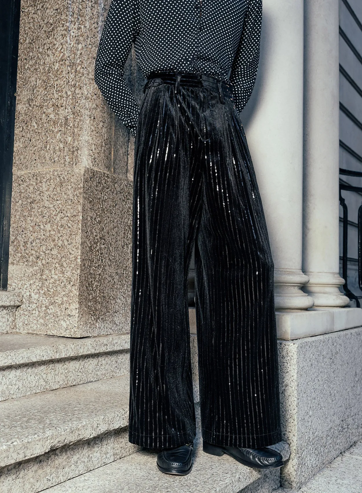 Black Velvet Sequin Side Buckle Pinstripe Wide Leg Flare