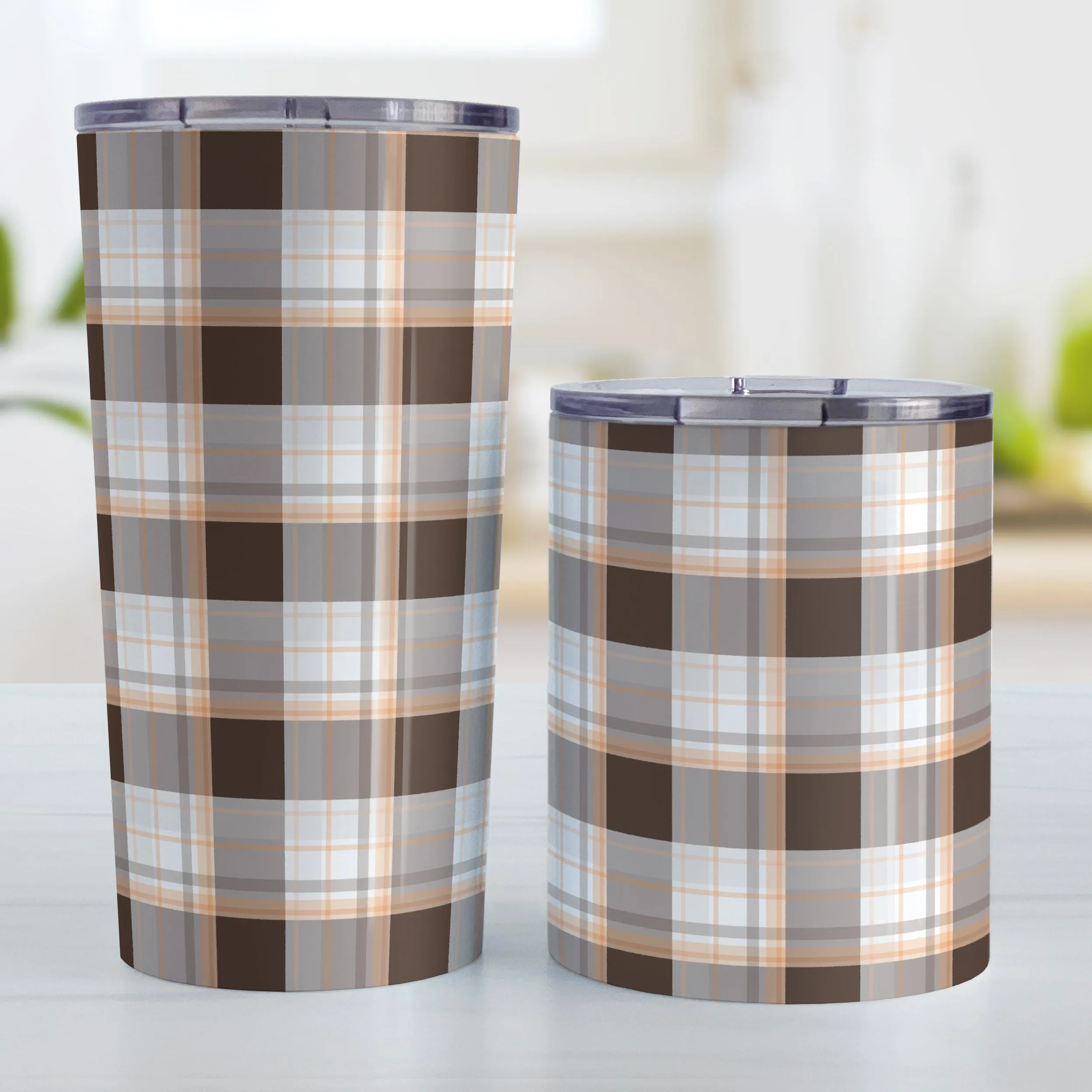 Brown Orange Plaid Tumbler Cup