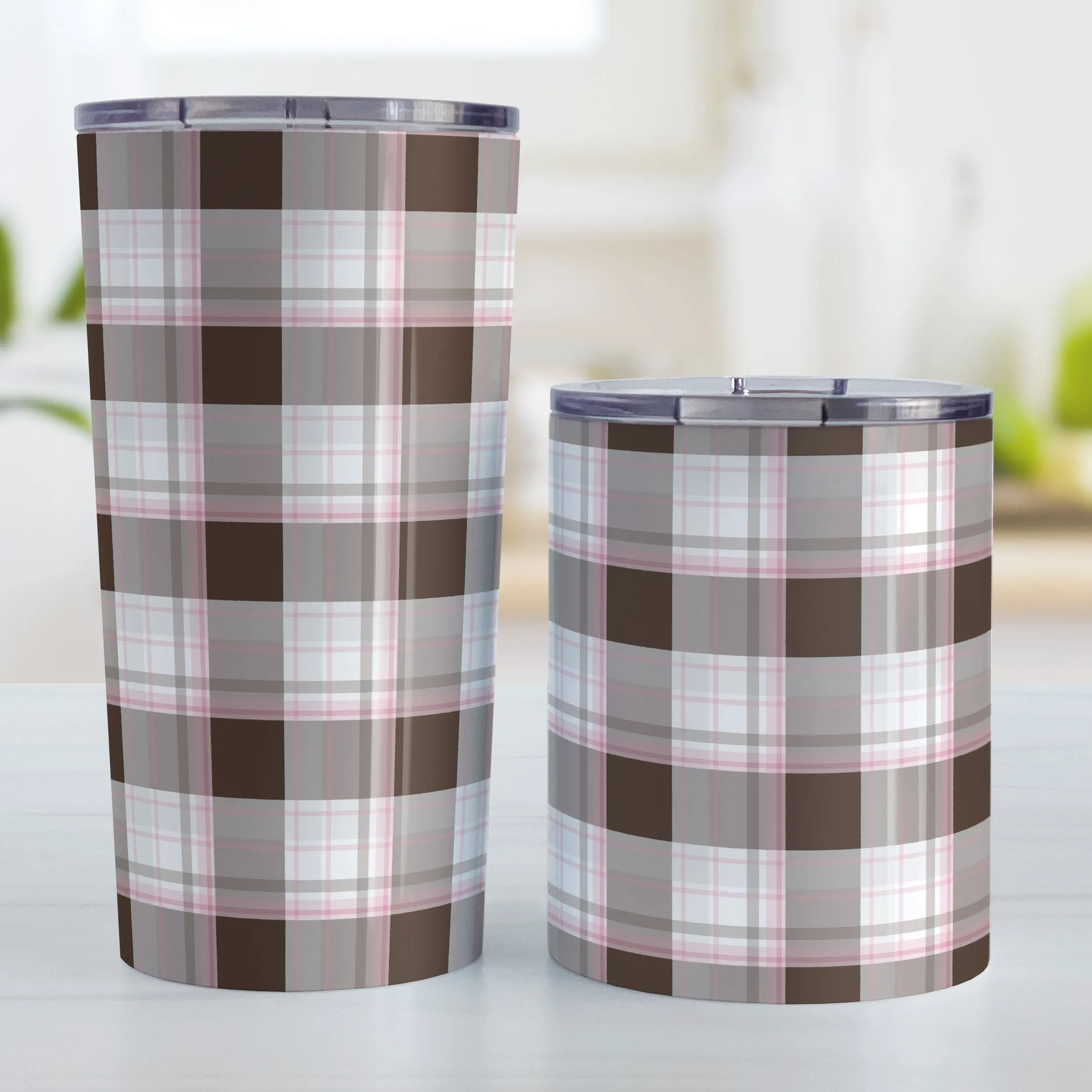 Brown Pink Plaid Tumbler Cup