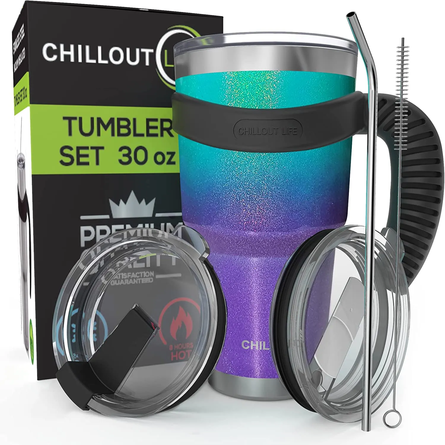 CHILLOUT LIFE 2 Packs of Stainless Steel Travel Mug with Handle 30oz ( 6 Piece Set- Tumbler with Handle, Straw, Cleaning Brush & 2 Lids)