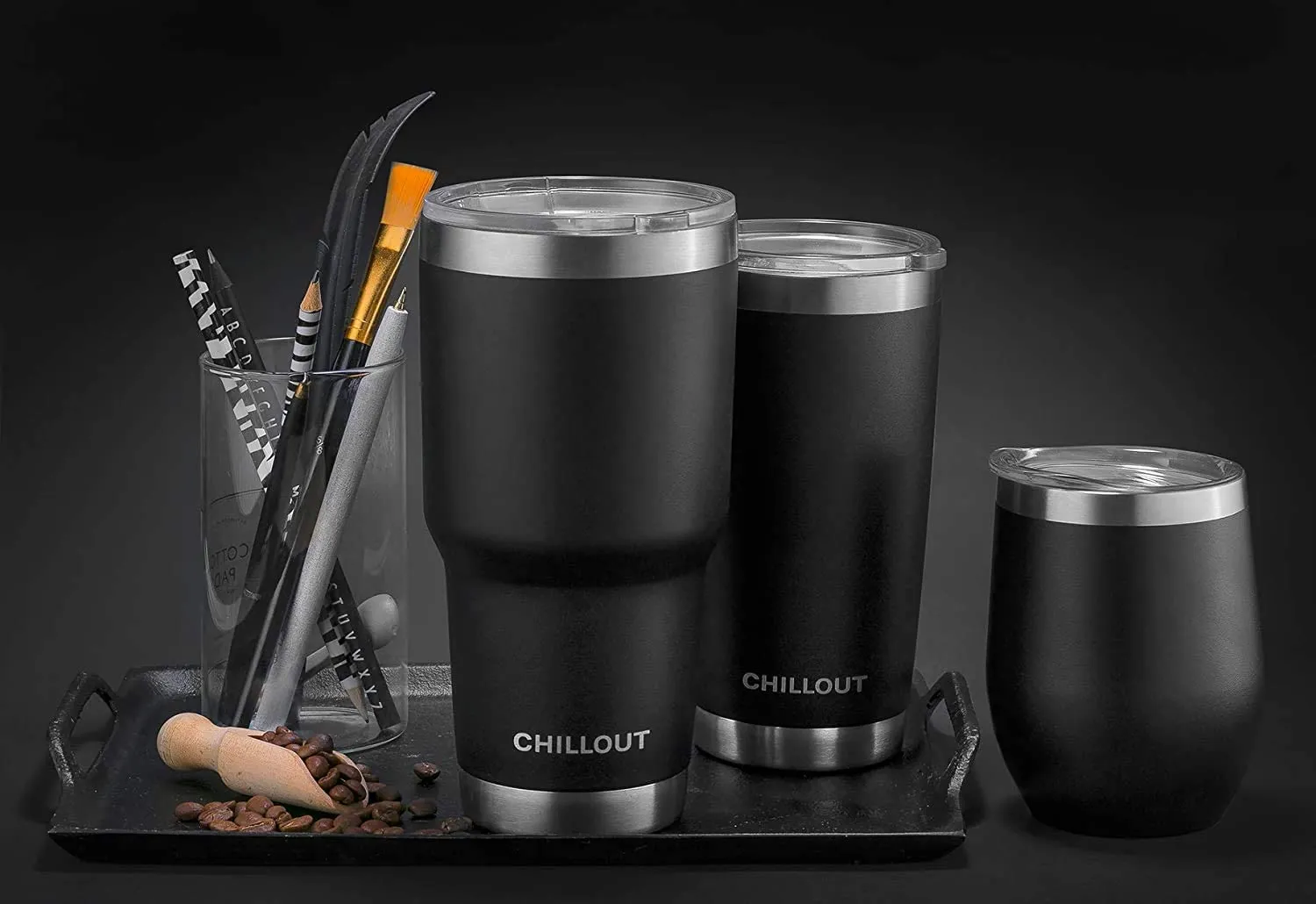 CHILLOUT LIFE 2 Packs of Stainless Steel Travel Mug with Handle 30oz ( 6 Piece Set- Tumbler with Handle, Straw, Cleaning Brush & 2 Lids)