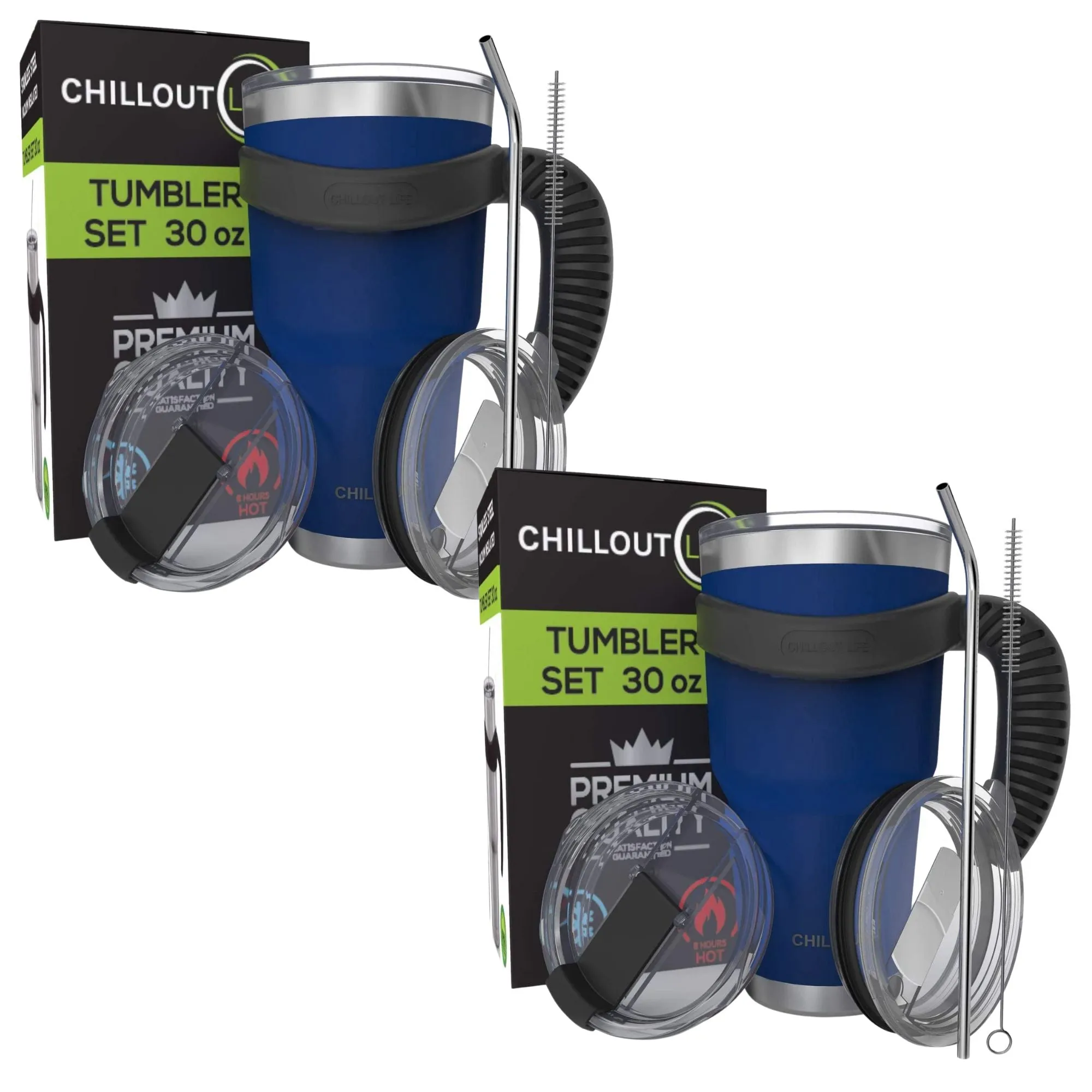 CHILLOUT LIFE 2 Packs of Stainless Steel Travel Mug with Handle 30oz ( 6 Piece Set- Tumbler with Handle, Straw, Cleaning Brush & 2 Lids)