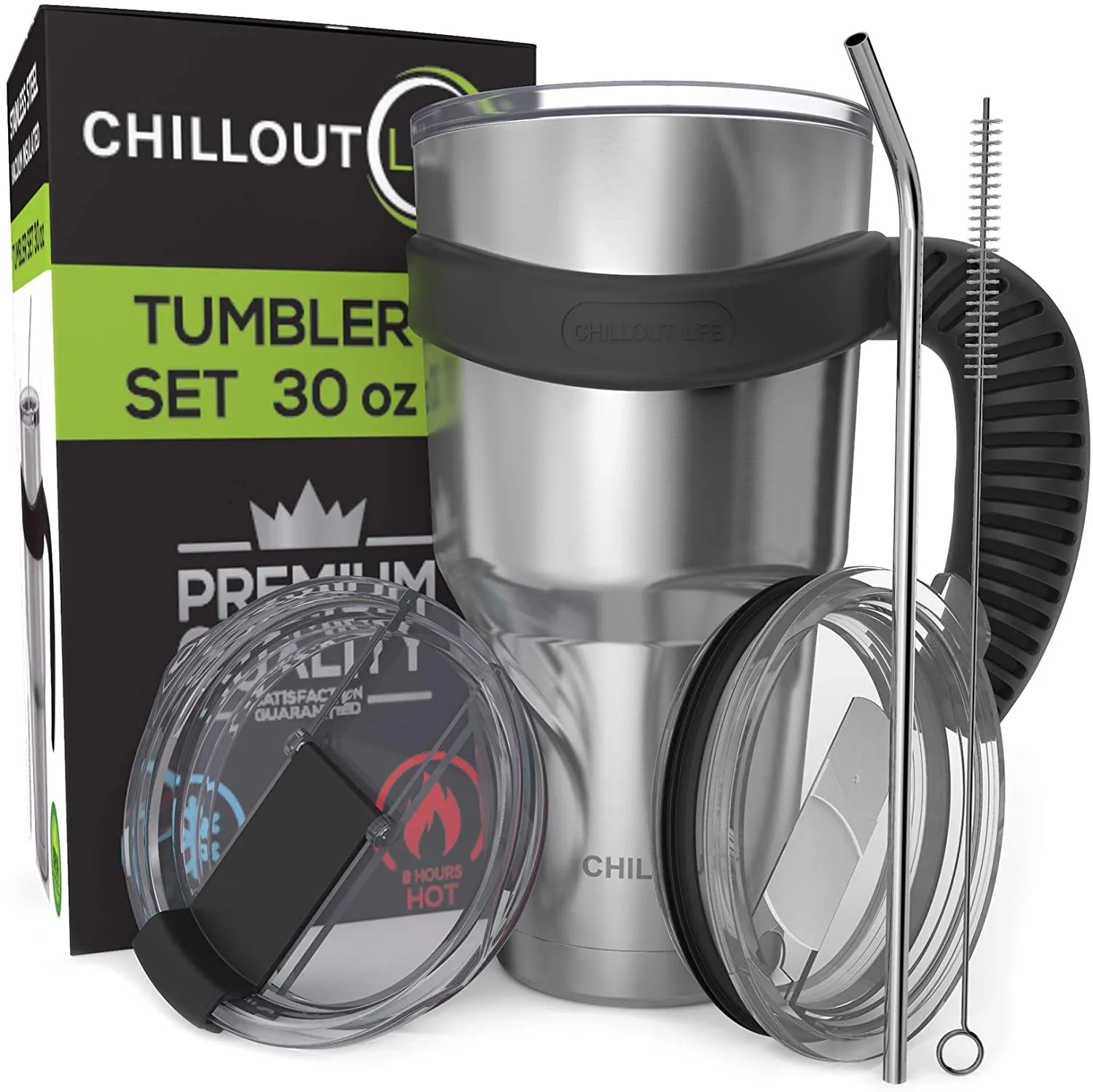 CHILLOUT LIFE 2 Packs of Stainless Steel Travel Mug with Handle 30oz ( 6 Piece Set- Tumbler with Handle, Straw, Cleaning Brush & 2 Lids)