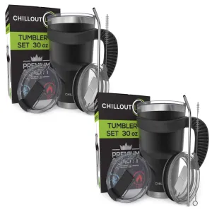 CHILLOUT LIFE 2 Packs of Stainless Steel Travel Mug with Handle 30oz ( 6 Piece Set- Tumbler with Handle, Straw, Cleaning Brush & 2 Lids)