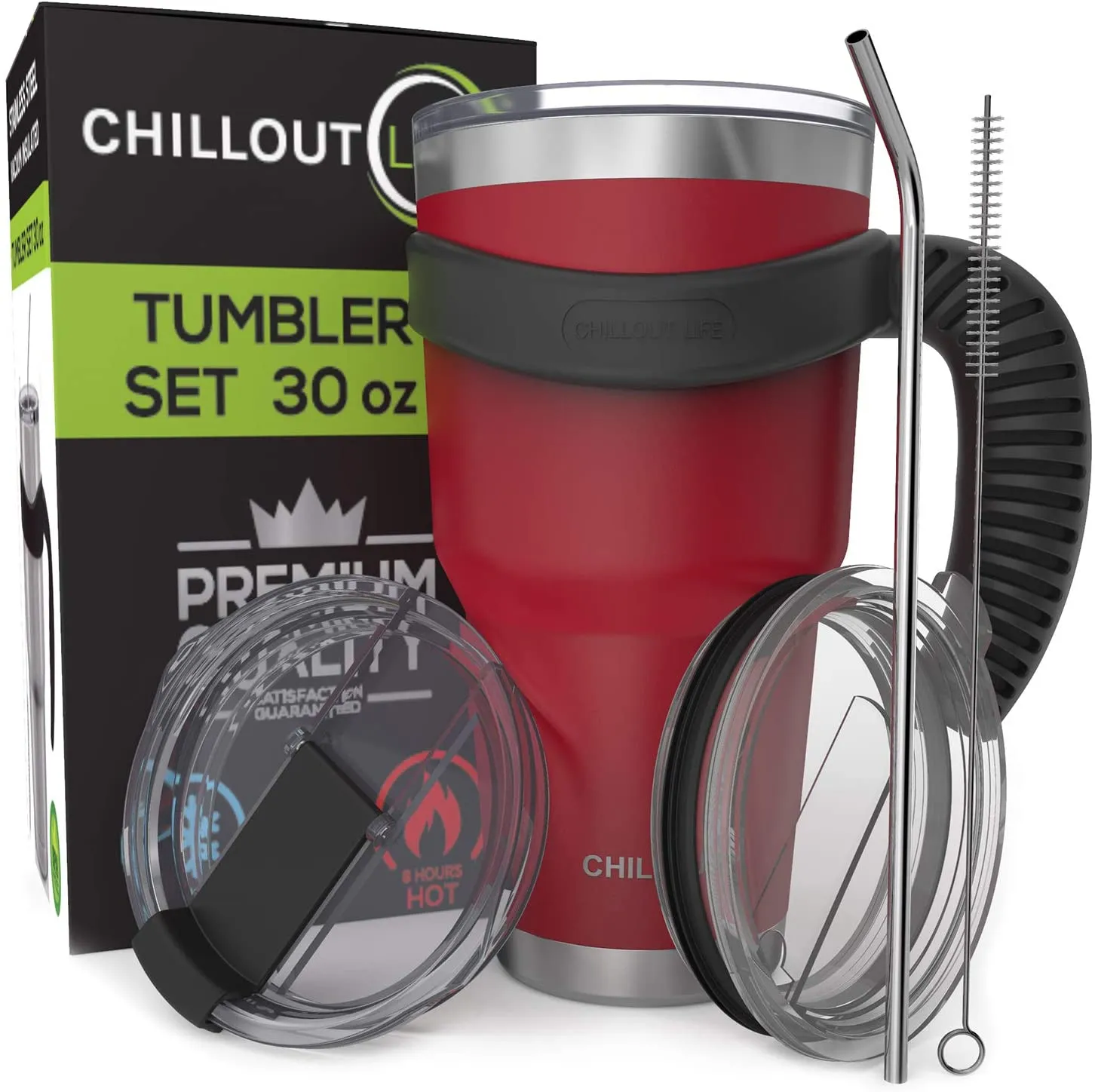 CHILLOUT LIFE 2 Packs of Stainless Steel Travel Mug with Handle 30oz ( 6 Piece Set- Tumbler with Handle, Straw, Cleaning Brush & 2 Lids)