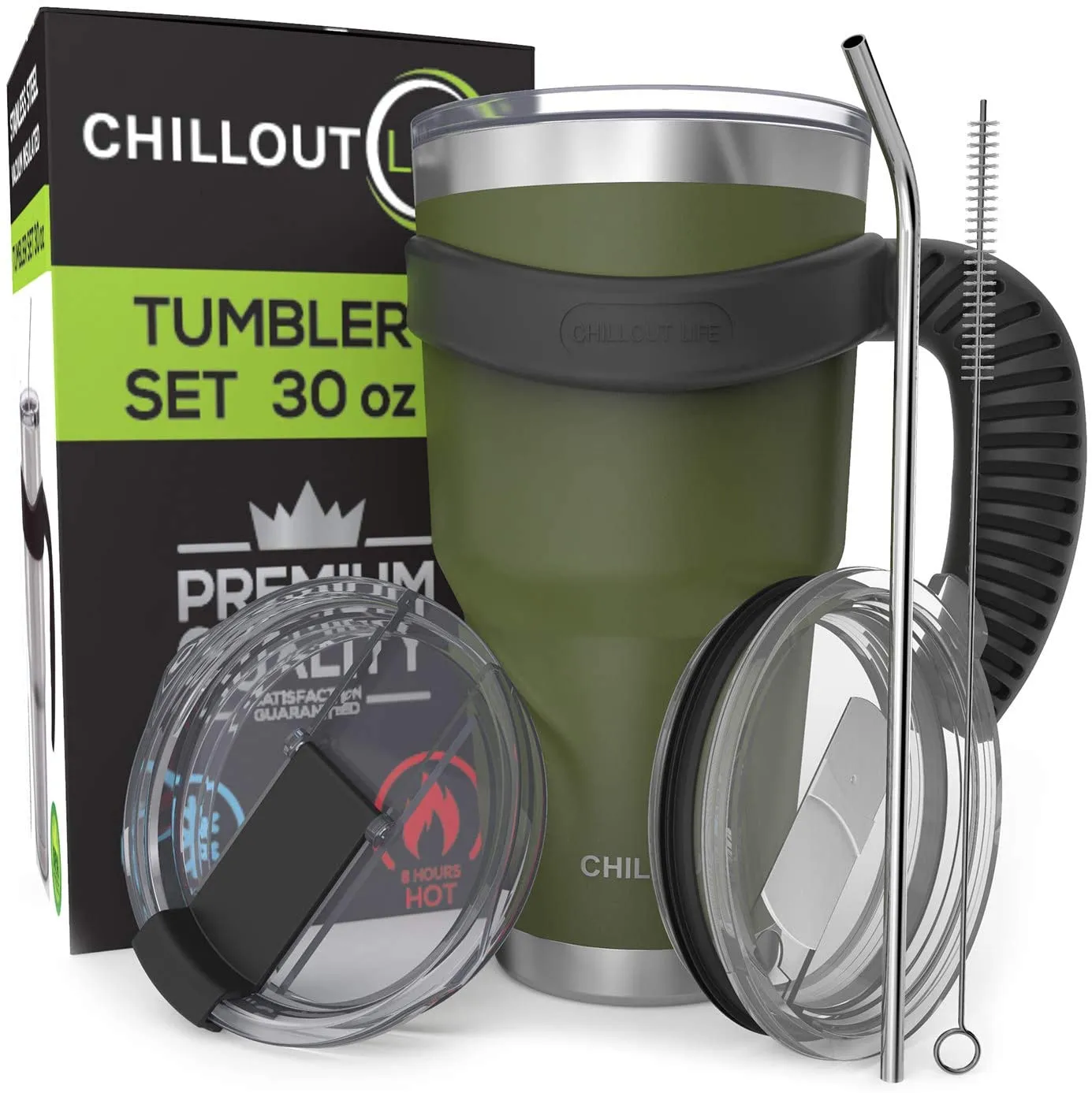 CHILLOUT LIFE 2 Packs of Stainless Steel Travel Mug with Handle 30oz ( 6 Piece Set- Tumbler with Handle, Straw, Cleaning Brush & 2 Lids)