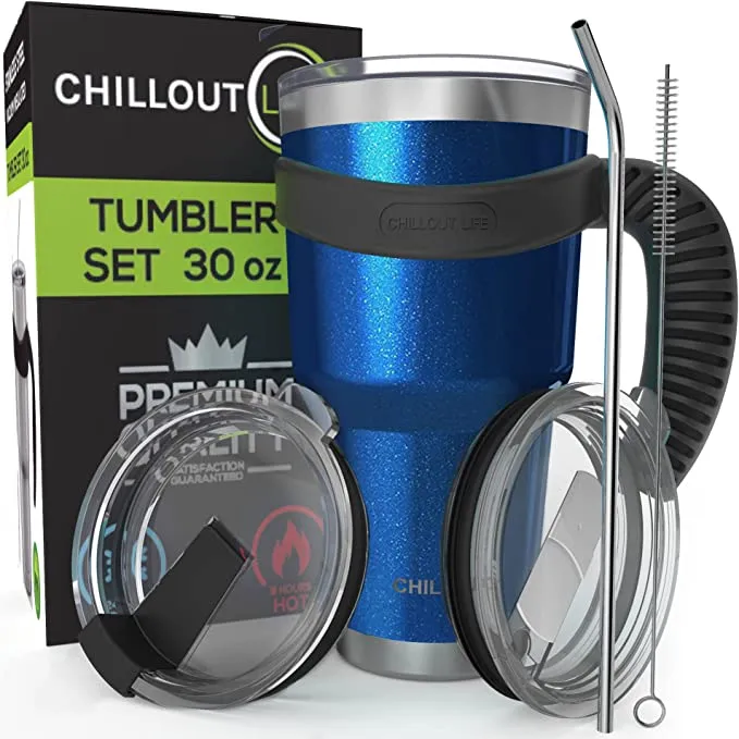 CHILLOUT LIFE 2 Packs of Stainless Steel Travel Mug with Handle 30oz ( 6 Piece Set- Tumbler with Handle, Straw, Cleaning Brush & 2 Lids)