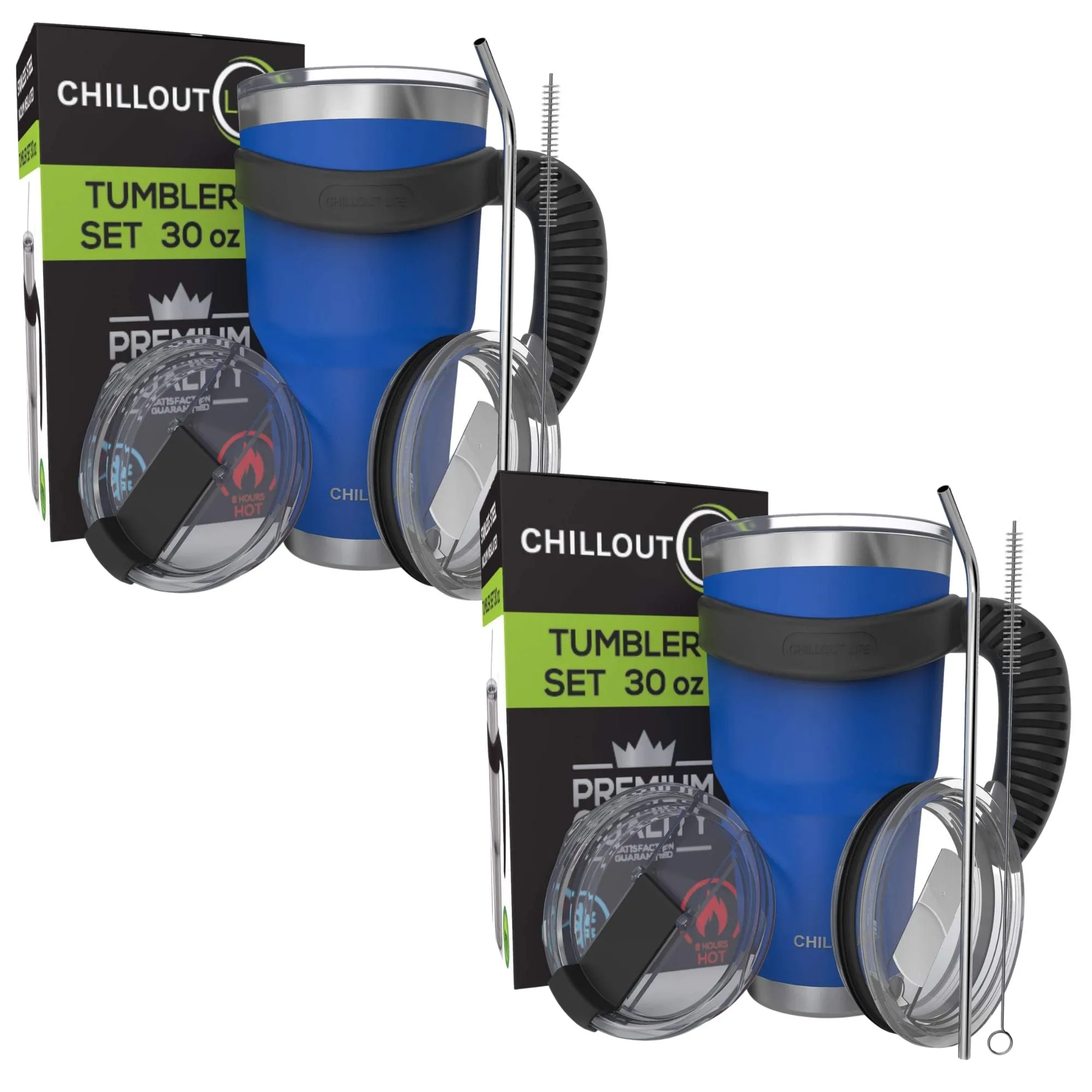 CHILLOUT LIFE 2 Packs of Stainless Steel Travel Mug with Handle 30oz ( 6 Piece Set- Tumbler with Handle, Straw, Cleaning Brush & 2 Lids)