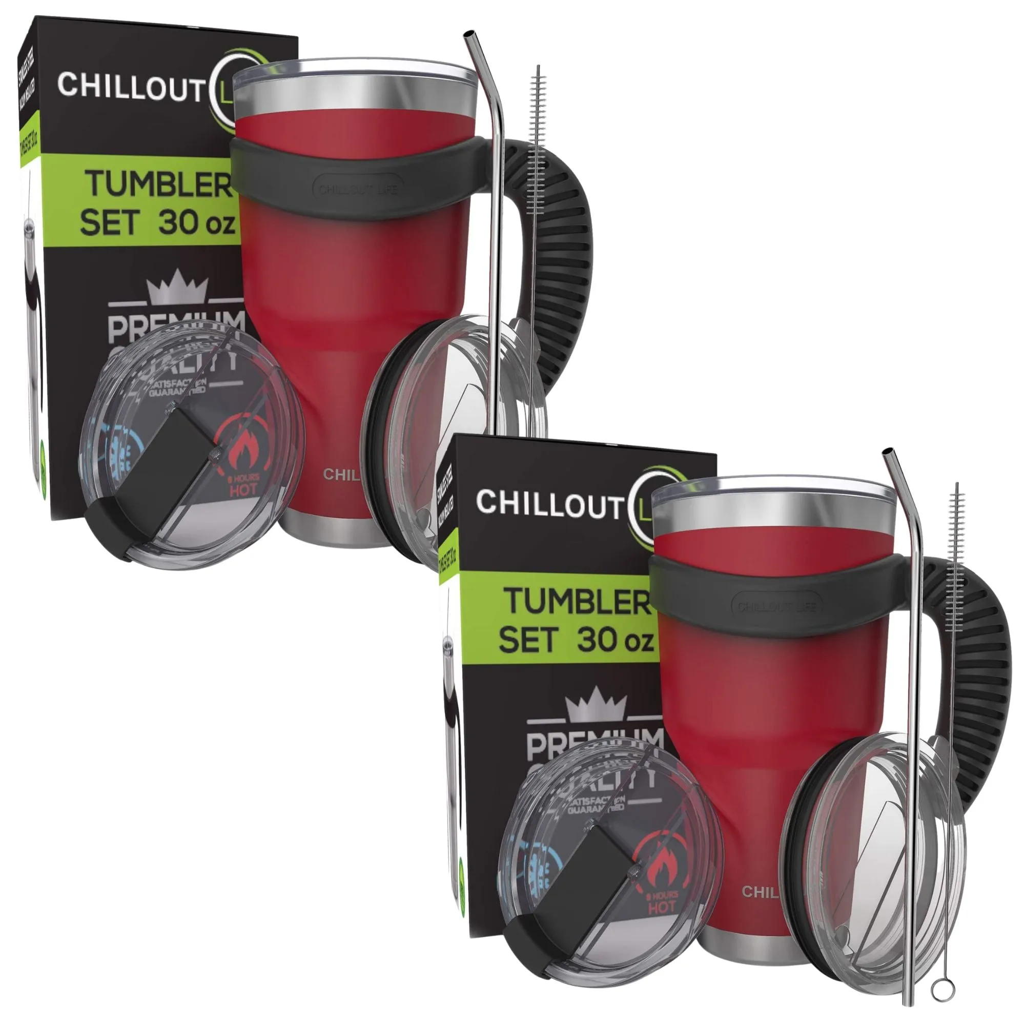 CHILLOUT LIFE 2 Packs of Stainless Steel Travel Mug with Handle 30oz ( 6 Piece Set- Tumbler with Handle, Straw, Cleaning Brush & 2 Lids)