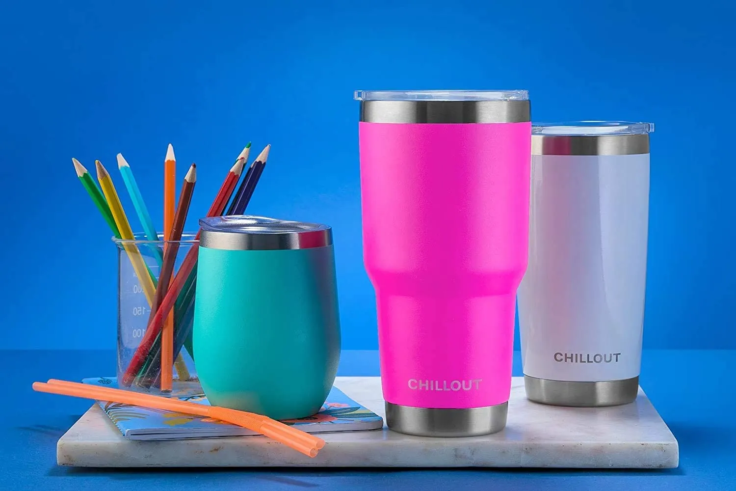 CHILLOUT LIFE 2 Packs of Stainless Steel Travel Mug with Handle 30oz ( 6 Piece Set- Tumbler with Handle, Straw, Cleaning Brush & 2 Lids)