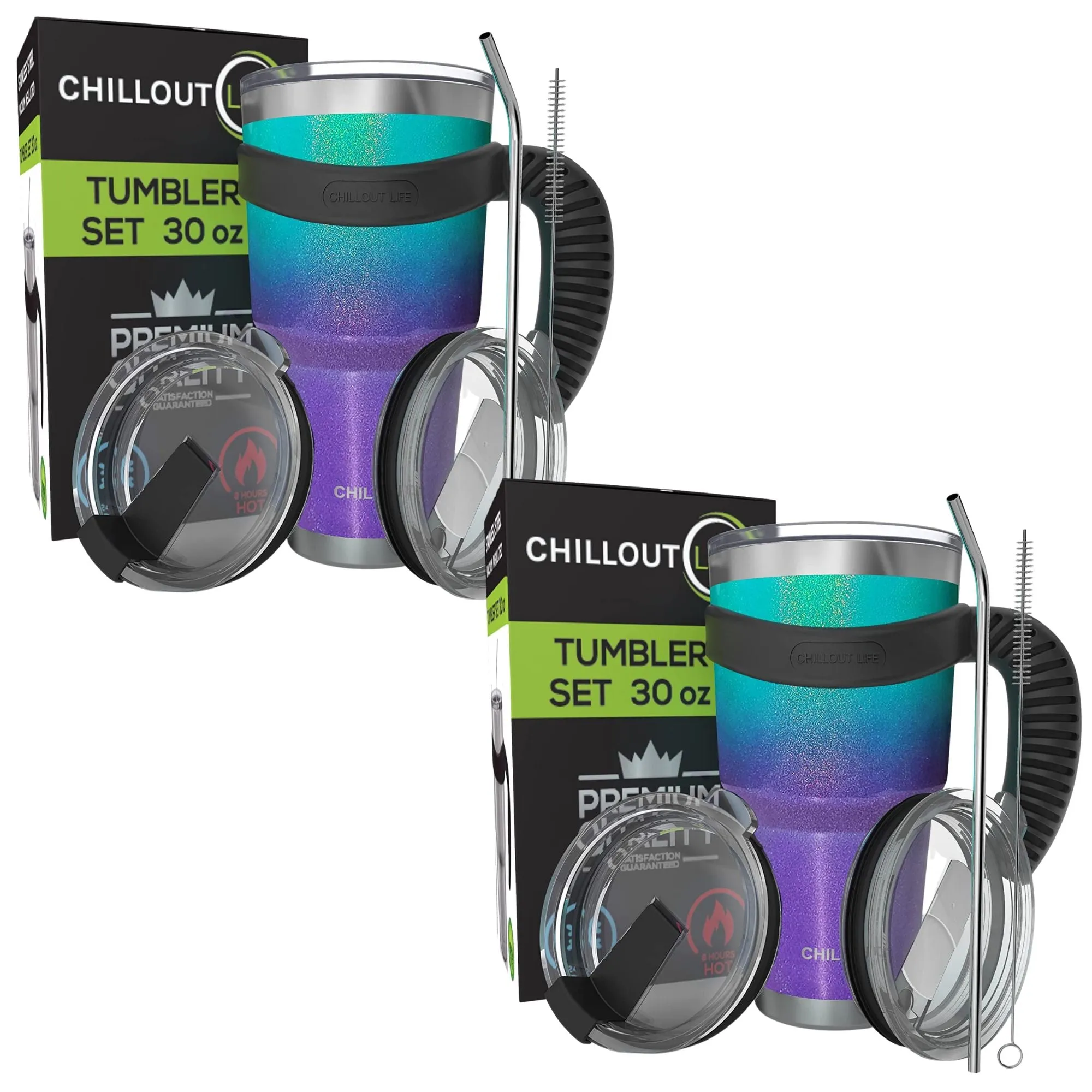 CHILLOUT LIFE 2 Packs of Stainless Steel Travel Mug with Handle 30oz ( 6 Piece Set- Tumbler with Handle, Straw, Cleaning Brush & 2 Lids)