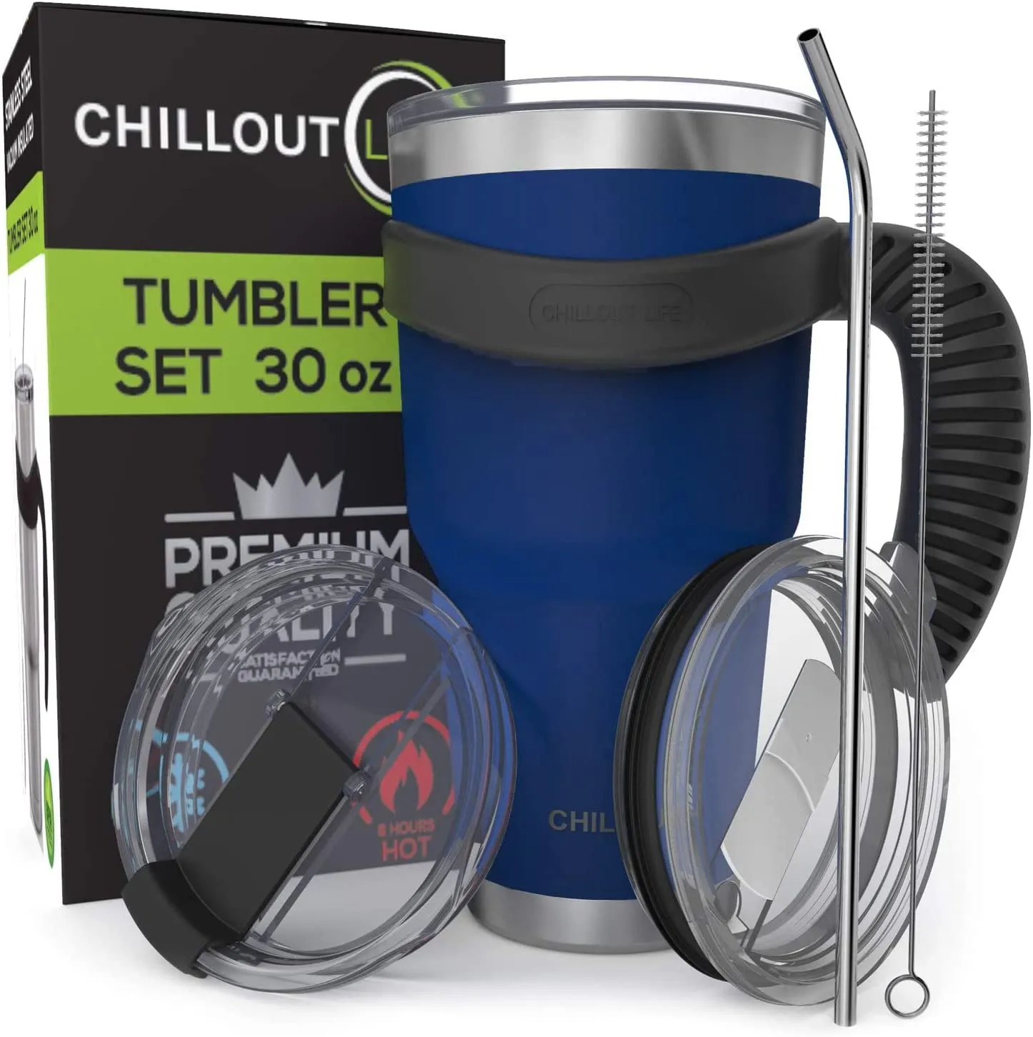 CHILLOUT LIFE 2 Packs of Stainless Steel Travel Mug with Handle 30oz ( 6 Piece Set- Tumbler with Handle, Straw, Cleaning Brush & 2 Lids)