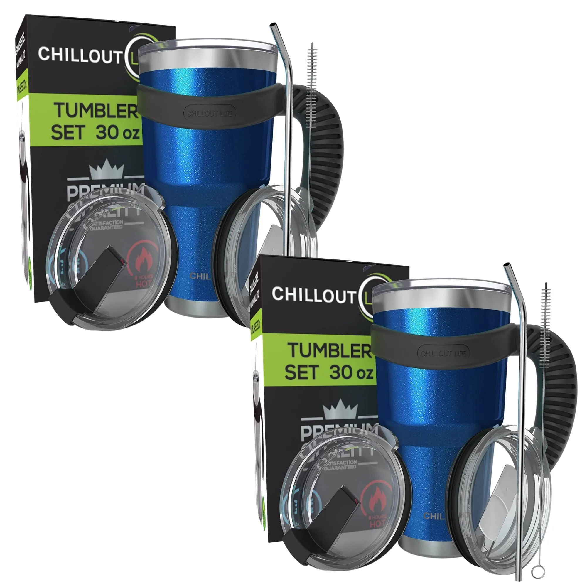 CHILLOUT LIFE 2 Packs of Stainless Steel Travel Mug with Handle 30oz ( 6 Piece Set- Tumbler with Handle, Straw, Cleaning Brush & 2 Lids)