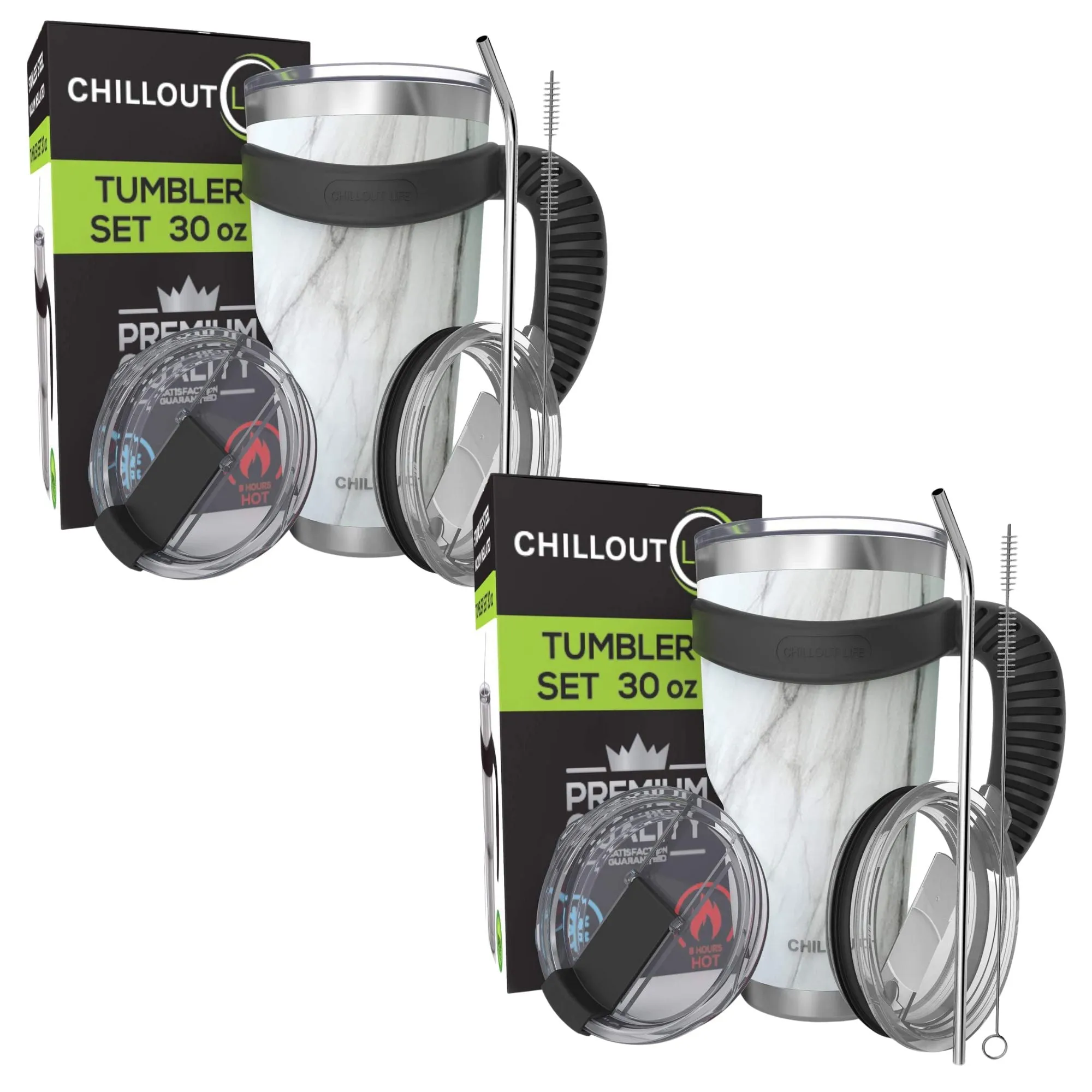 CHILLOUT LIFE 2 Packs of Stainless Steel Travel Mug with Handle 30oz ( 6 Piece Set- Tumbler with Handle, Straw, Cleaning Brush & 2 Lids)