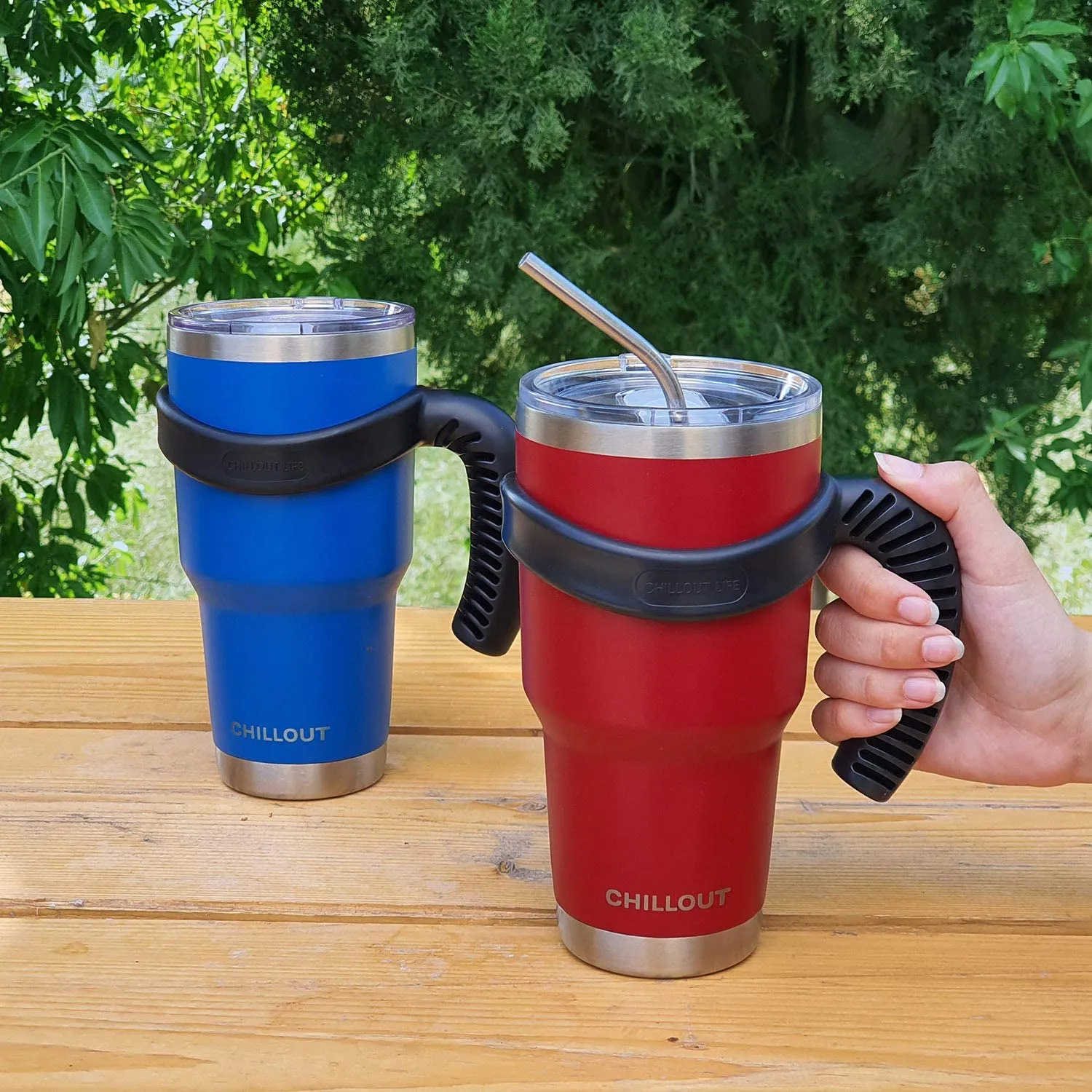 CHILLOUT LIFE 2 Packs of Stainless Steel Travel Mug with Handle 30oz ( 6 Piece Set- Tumbler with Handle, Straw, Cleaning Brush & 2 Lids)