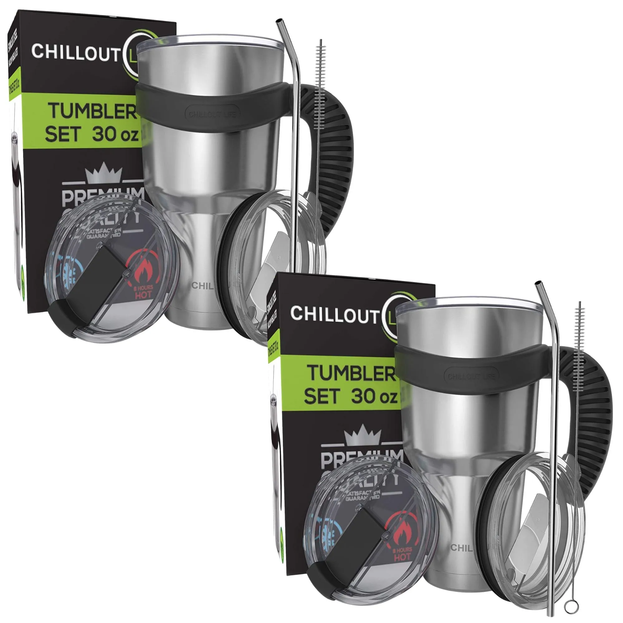 CHILLOUT LIFE 2 Packs of Stainless Steel Travel Mug with Handle 30oz ( 6 Piece Set- Tumbler with Handle, Straw, Cleaning Brush & 2 Lids)