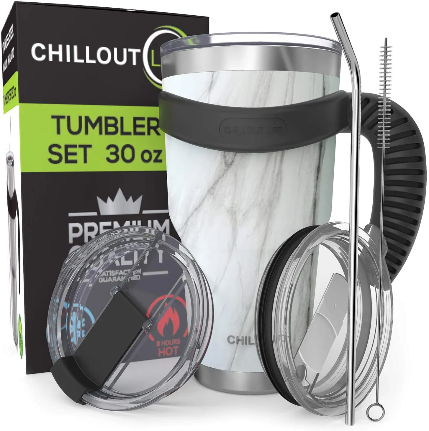 CHILLOUT LIFE 2 Packs of Stainless Steel Travel Mug with Handle 30oz ( 6 Piece Set- Tumbler with Handle, Straw, Cleaning Brush & 2 Lids)