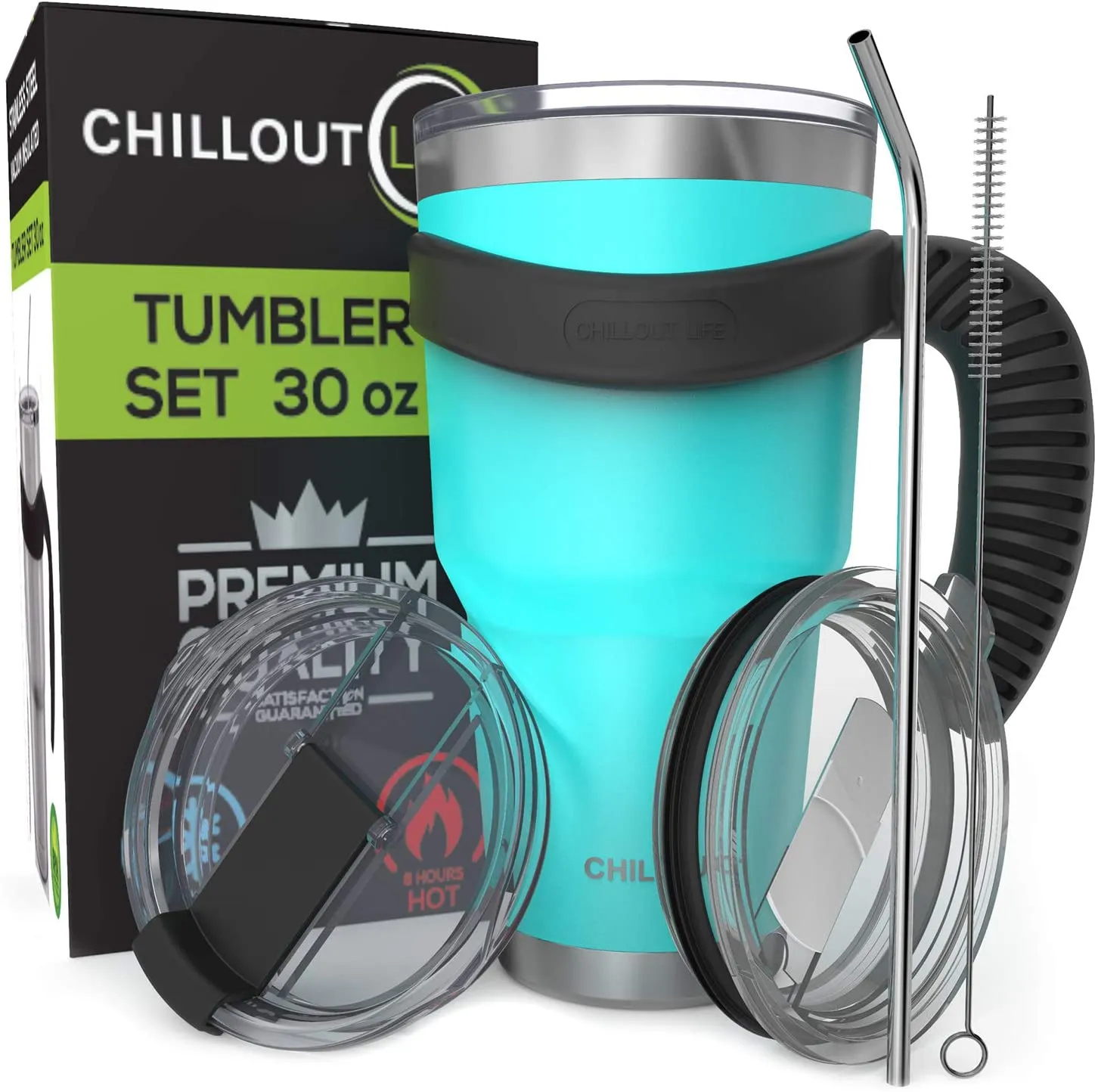 CHILLOUT LIFE 2 Packs of Stainless Steel Travel Mug with Handle 30oz ( 6 Piece Set- Tumbler with Handle, Straw, Cleaning Brush & 2 Lids)