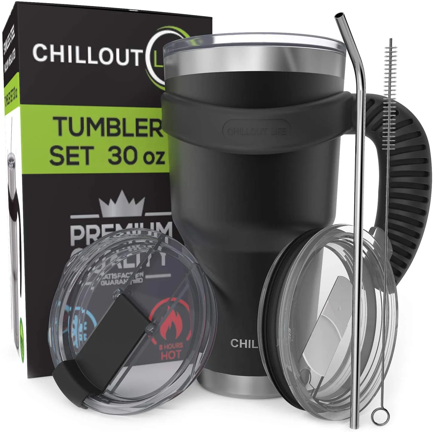 CHILLOUT LIFE 2 Packs of Stainless Steel Travel Mug with Handle 30oz ( 6 Piece Set- Tumbler with Handle, Straw, Cleaning Brush & 2 Lids)