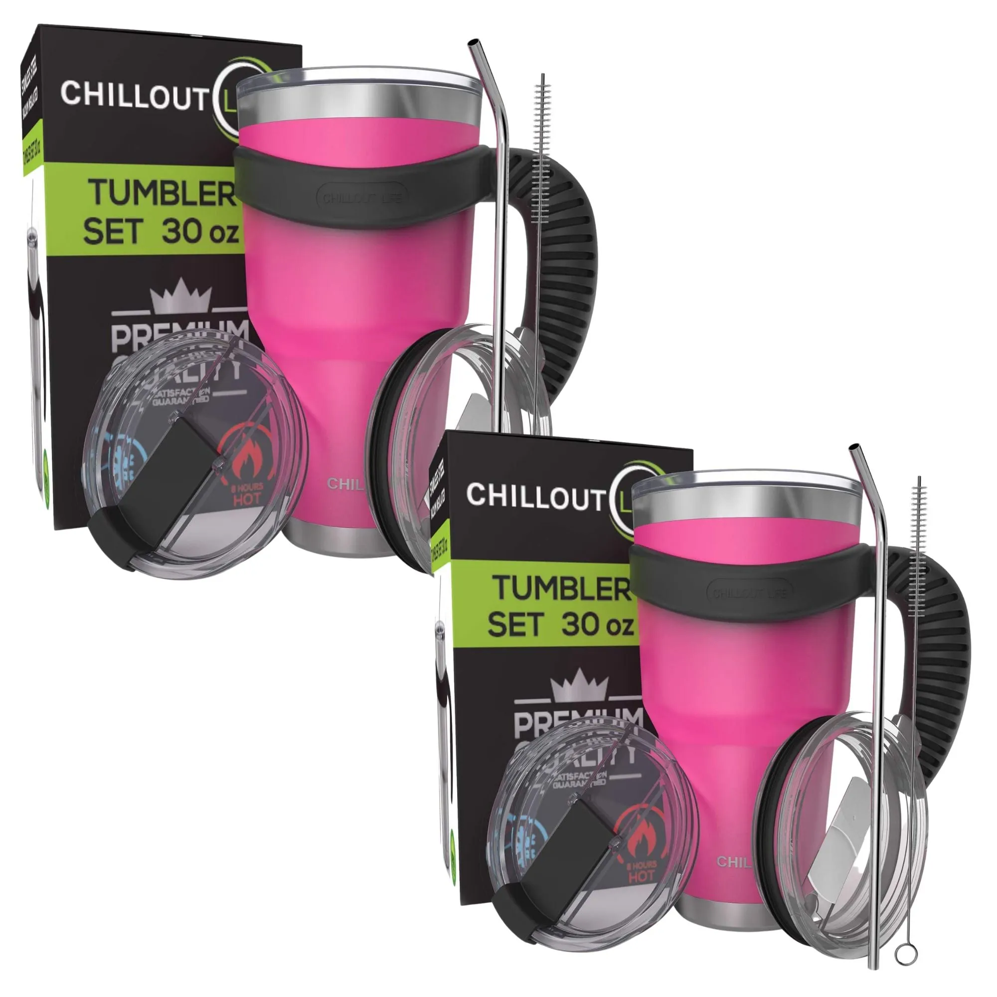 CHILLOUT LIFE 2 Packs of Stainless Steel Travel Mug with Handle 30oz ( 6 Piece Set- Tumbler with Handle, Straw, Cleaning Brush & 2 Lids)