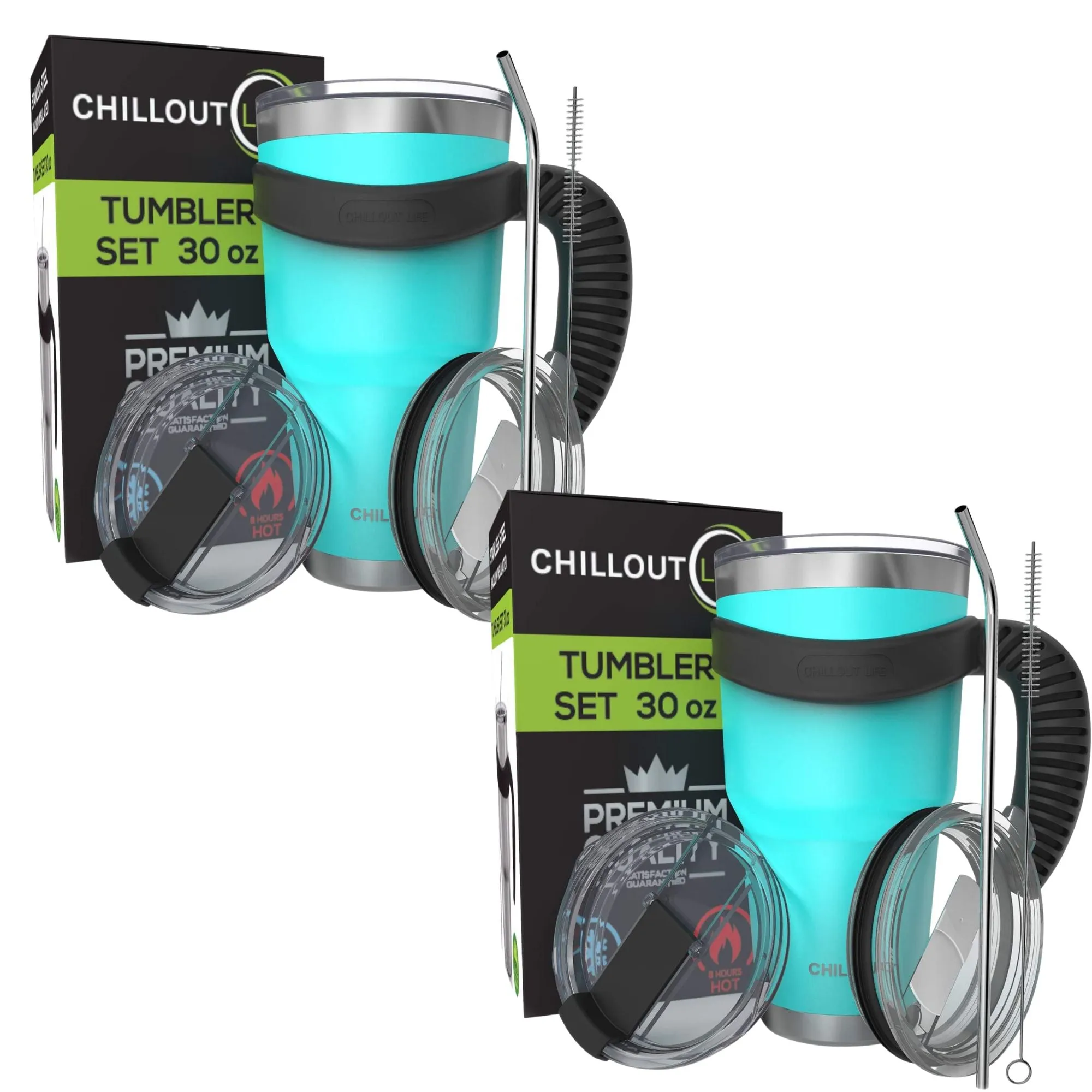 CHILLOUT LIFE 2 Packs of Stainless Steel Travel Mug with Handle 30oz ( 6 Piece Set- Tumbler with Handle, Straw, Cleaning Brush & 2 Lids)