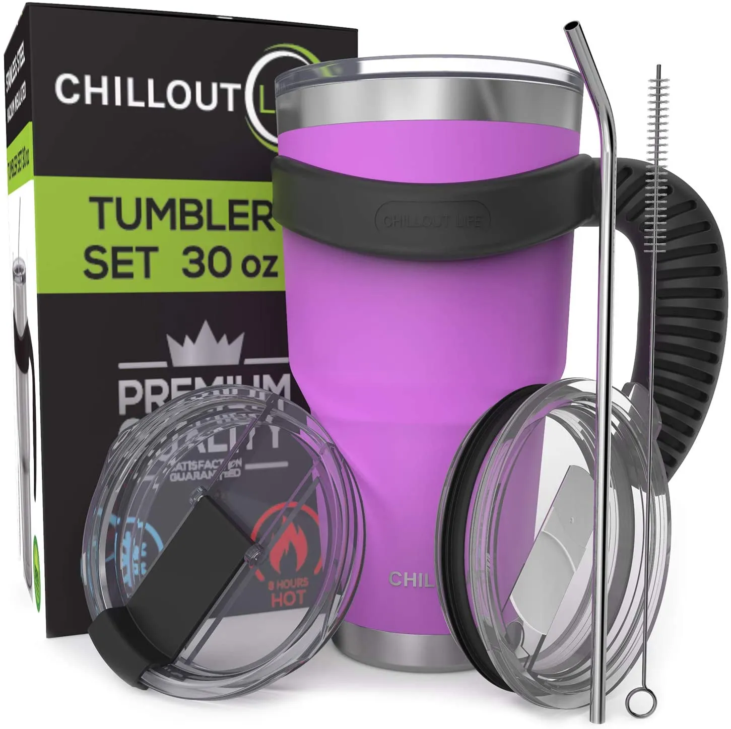 CHILLOUT LIFE 2 Packs of Stainless Steel Travel Mug with Handle 30oz ( 6 Piece Set- Tumbler with Handle, Straw, Cleaning Brush & 2 Lids)