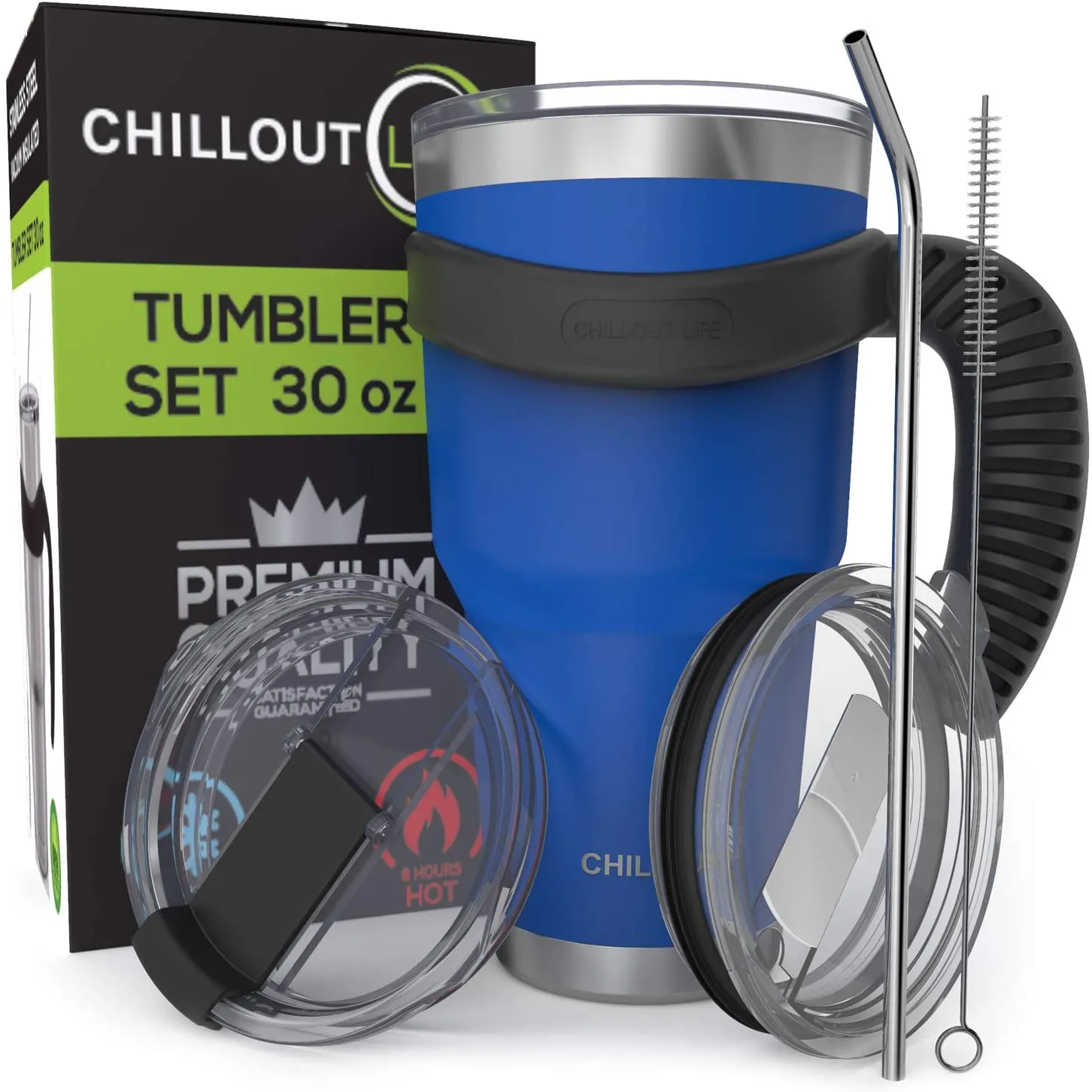 CHILLOUT LIFE 2 Packs of Stainless Steel Travel Mug with Handle 30oz ( 6 Piece Set- Tumbler with Handle, Straw, Cleaning Brush & 2 Lids)