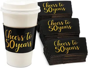 Coffee Cup Drink Sleeves for 50th Anniversary or Birthday, Fits 12-16 oz (Gold Foil, 50 Pack)