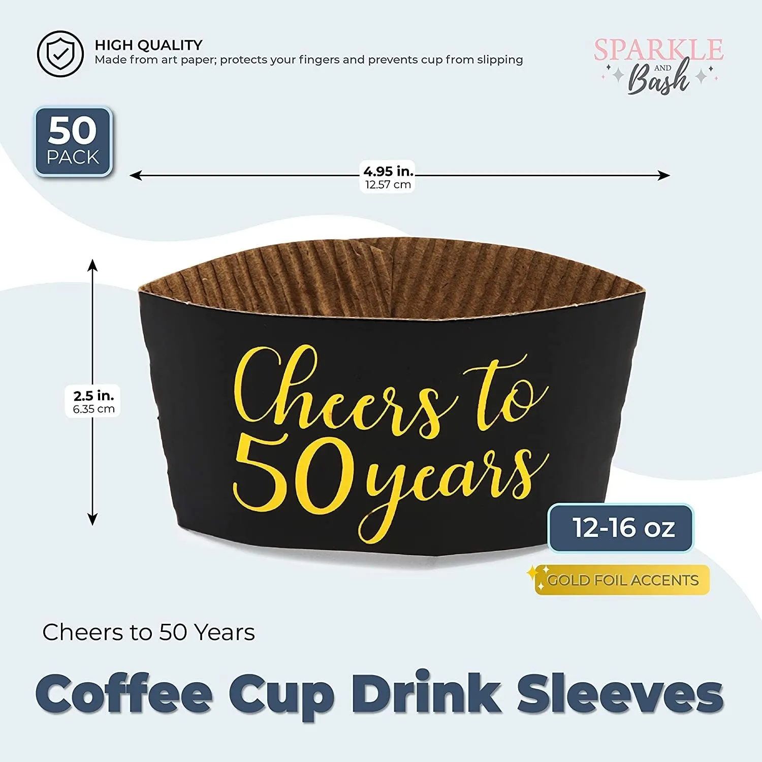 Coffee Cup Drink Sleeves for 50th Anniversary or Birthday, Fits 12-16 oz (Gold Foil, 50 Pack)