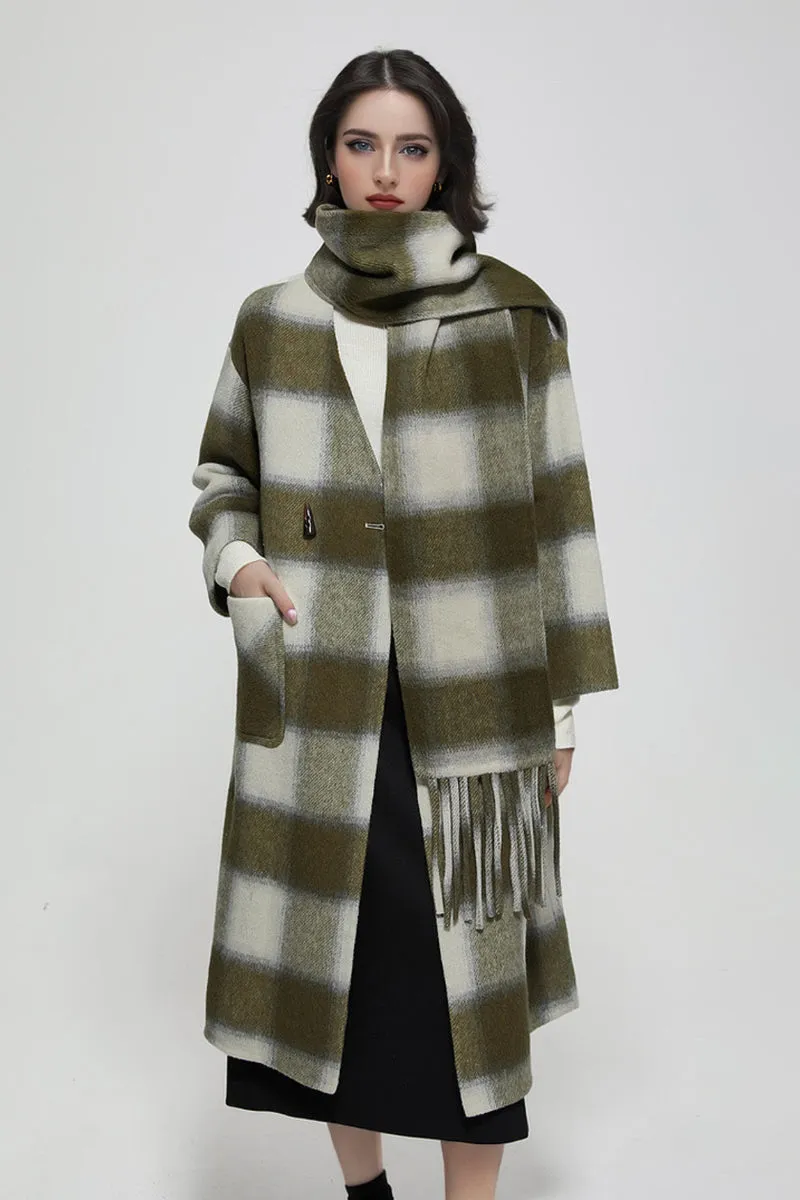 Collarless Double Faced Plaid Wool Coat