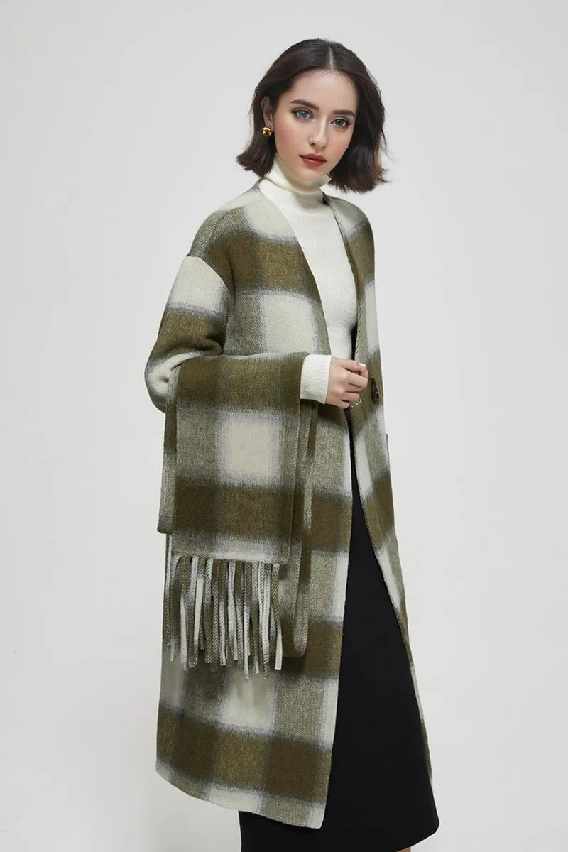 Collarless Double Faced Plaid Wool Coat