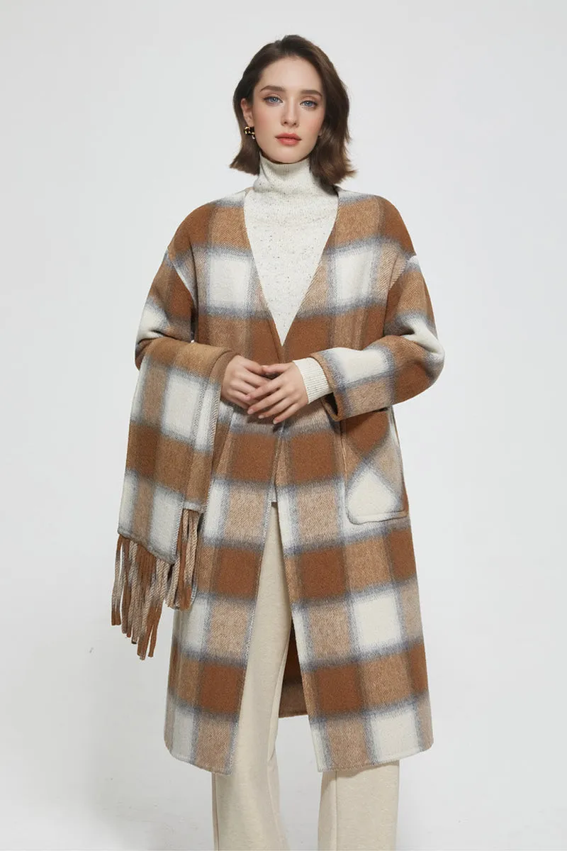 Collarless Double Faced Plaid Wool Coat