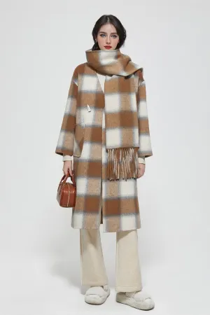 Collarless Double Faced Plaid Wool Coat