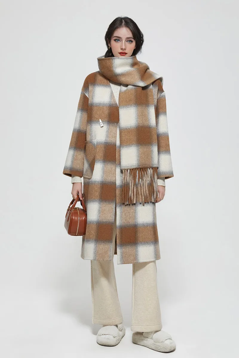 Collarless Double Faced Plaid Wool Coat