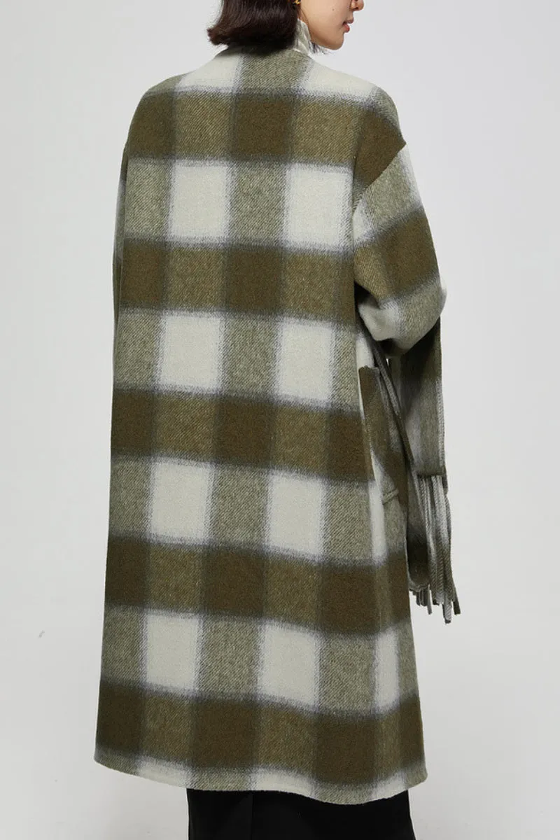 Collarless Double Faced Plaid Wool Coat