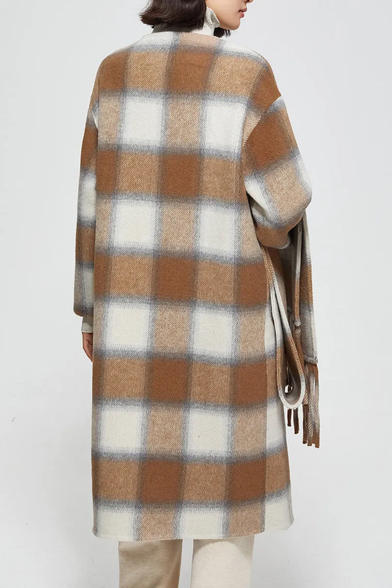 Collarless Double Faced Plaid Wool Coat