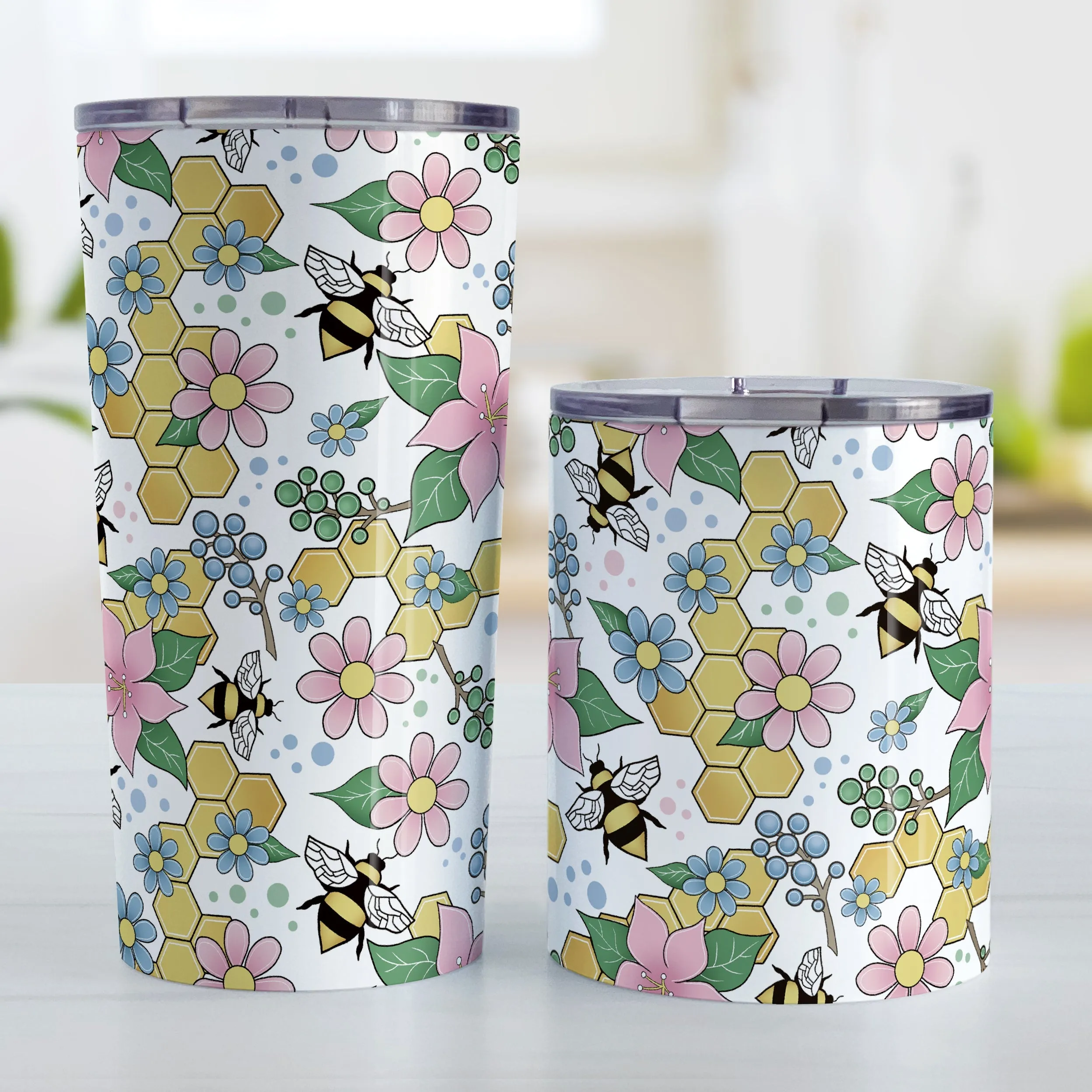 Colorful Pink Floral Bee Pattern Tumbler Cup