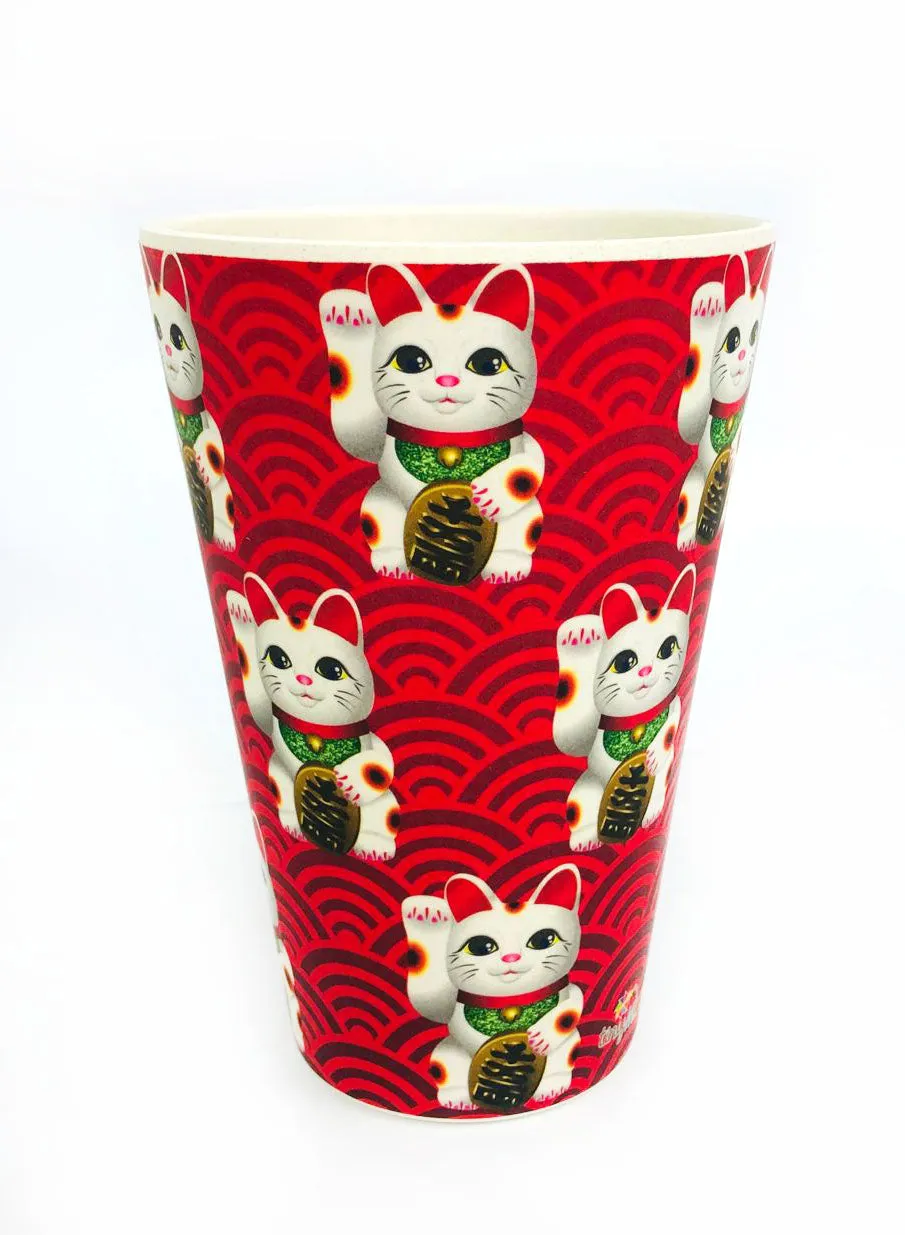 Eco-Friendly Reusable Plant Fiber Travel Mug with Maneki Neko Lucky Cat Design