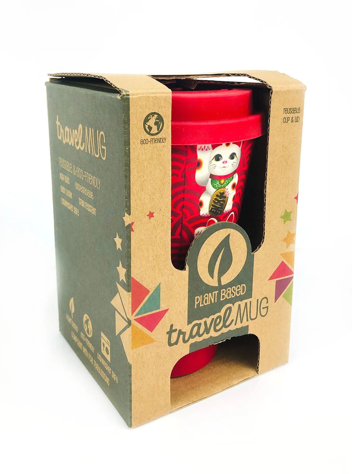 Eco-Friendly Reusable Plant Fiber Travel Mug with Maneki Neko Lucky Cat Design