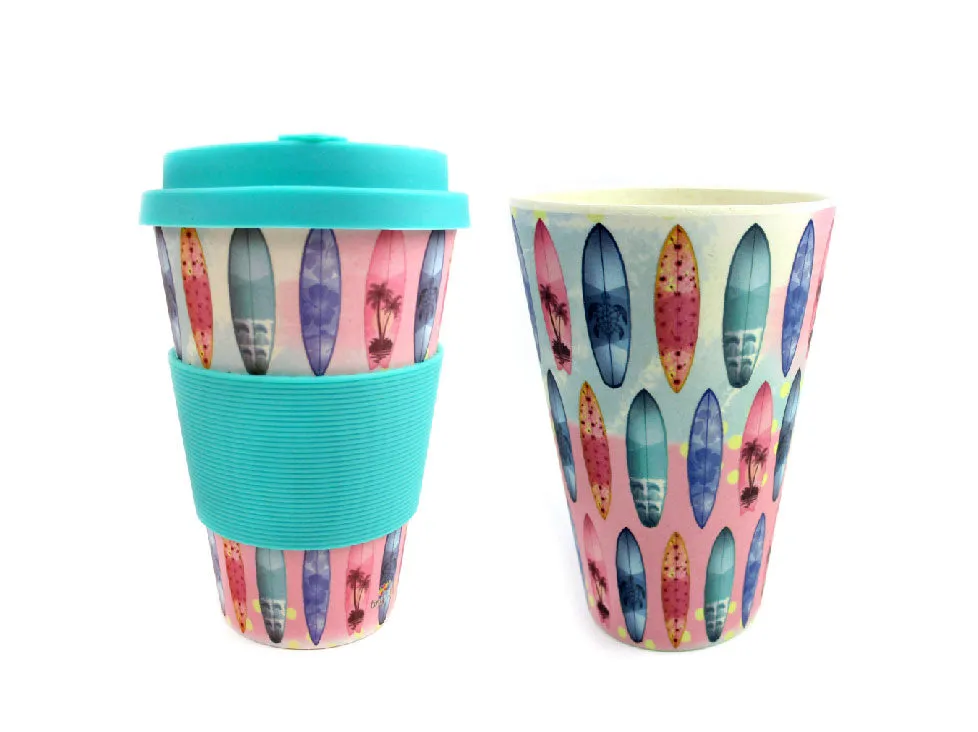 Eco-Friendly Reusable Plant Fiber Travel Mug with Sunset Surfboard Design