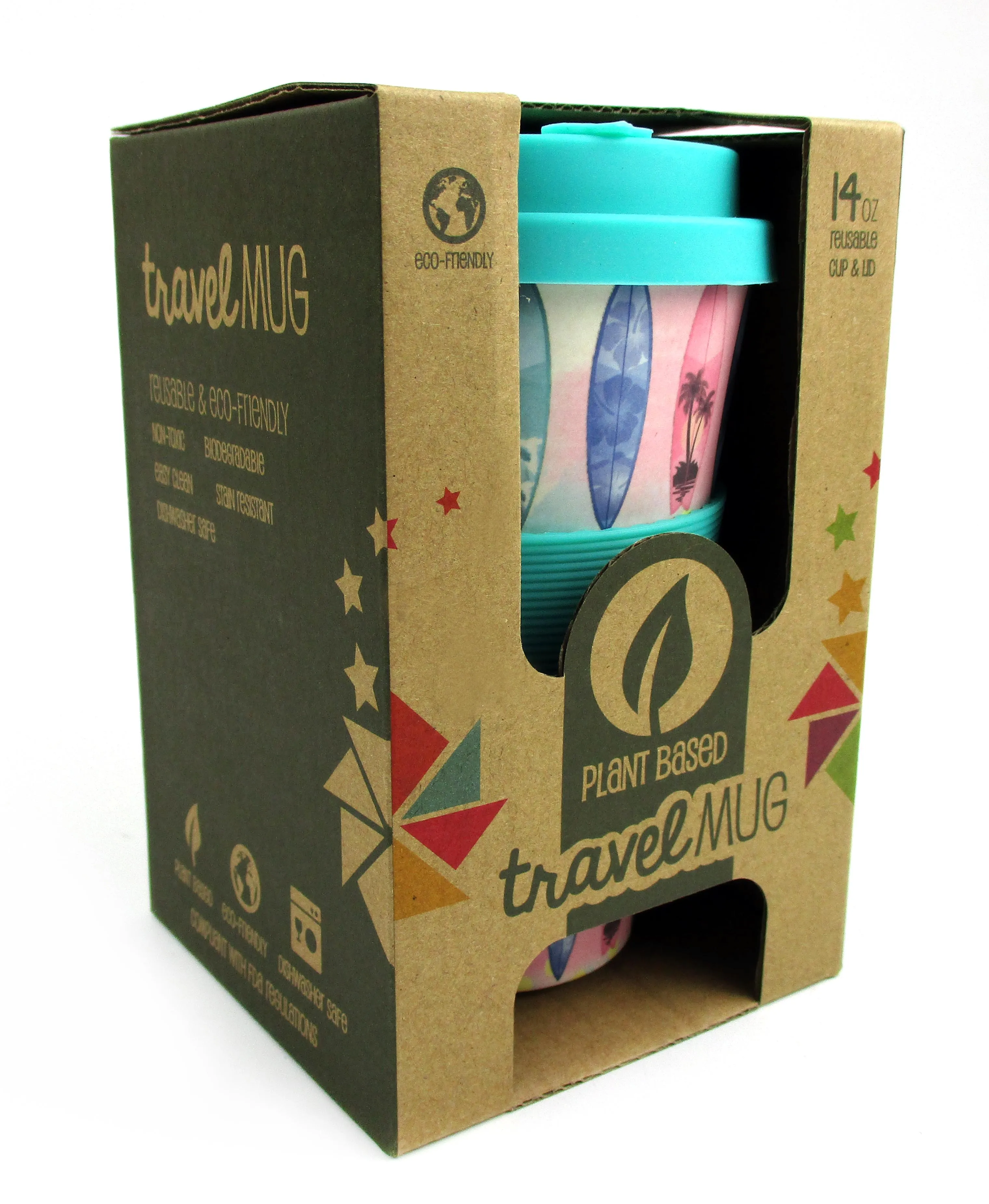 Eco-Friendly Reusable Plant Fiber Travel Mug with Sunset Surfboard Design