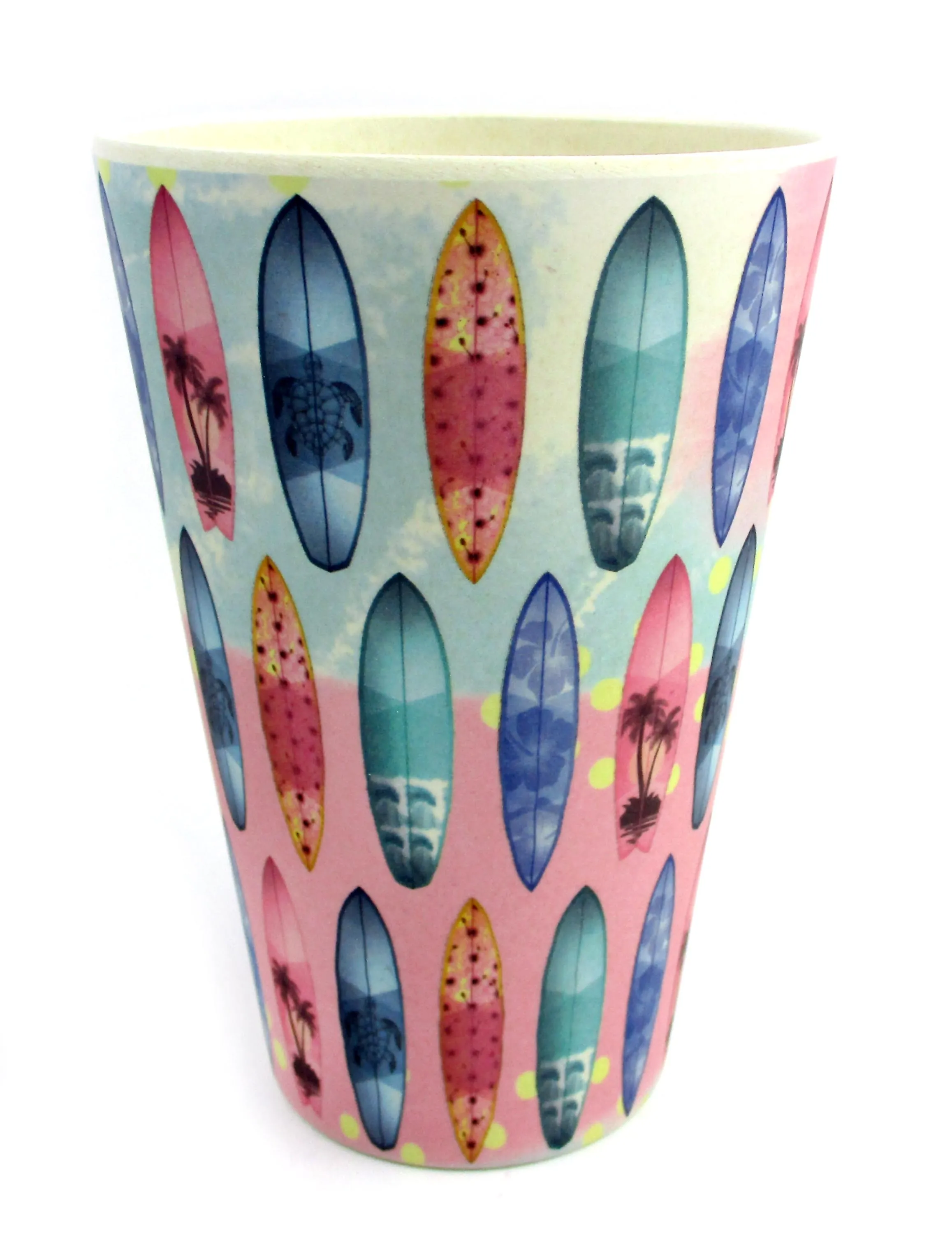 Eco-Friendly Reusable Plant Fiber Travel Mug with Sunset Surfboard Design