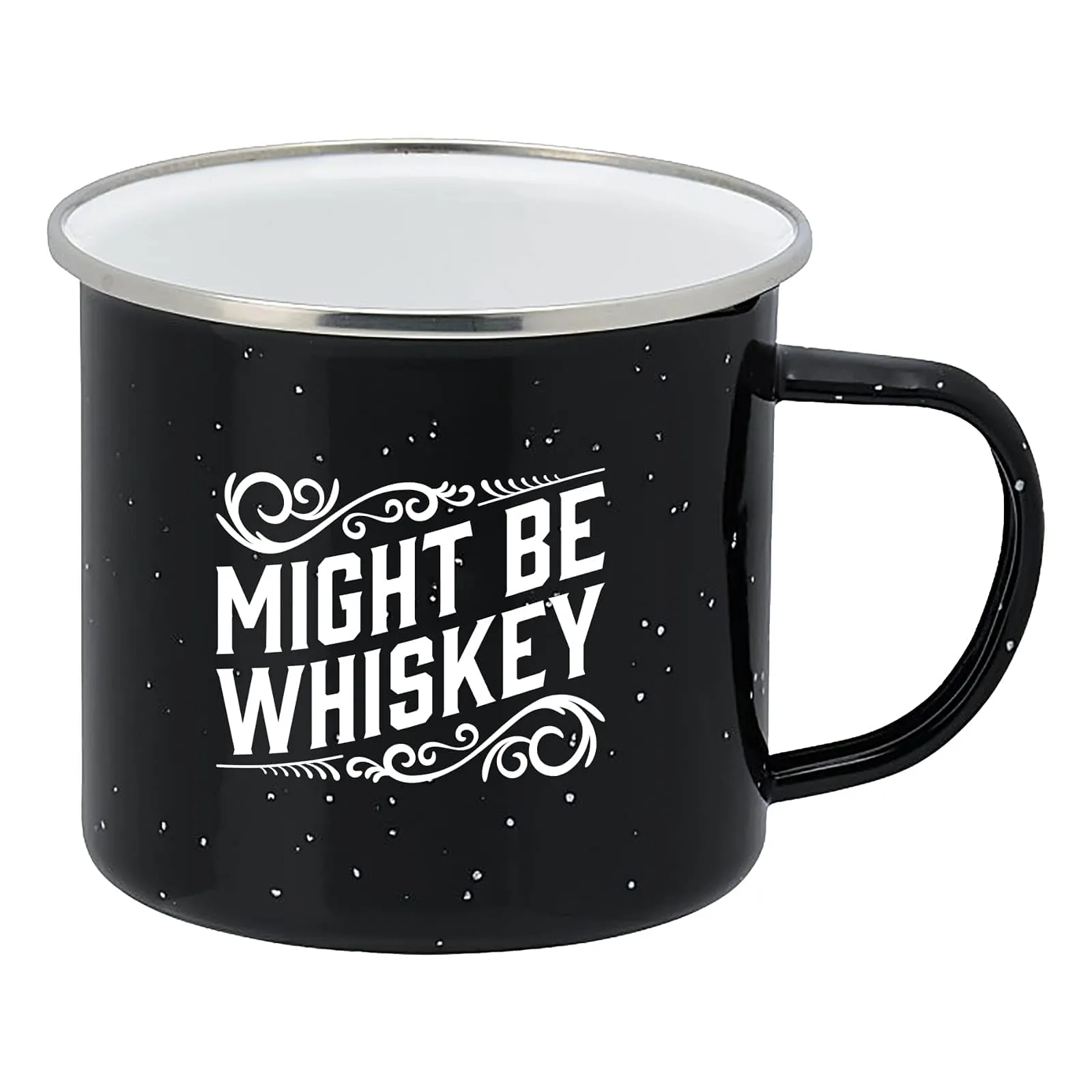 Enamel Camping Coffee Mug "Might Be Whiskey" Large Tin Cup 16 Ounce ,  (Midnight Black)