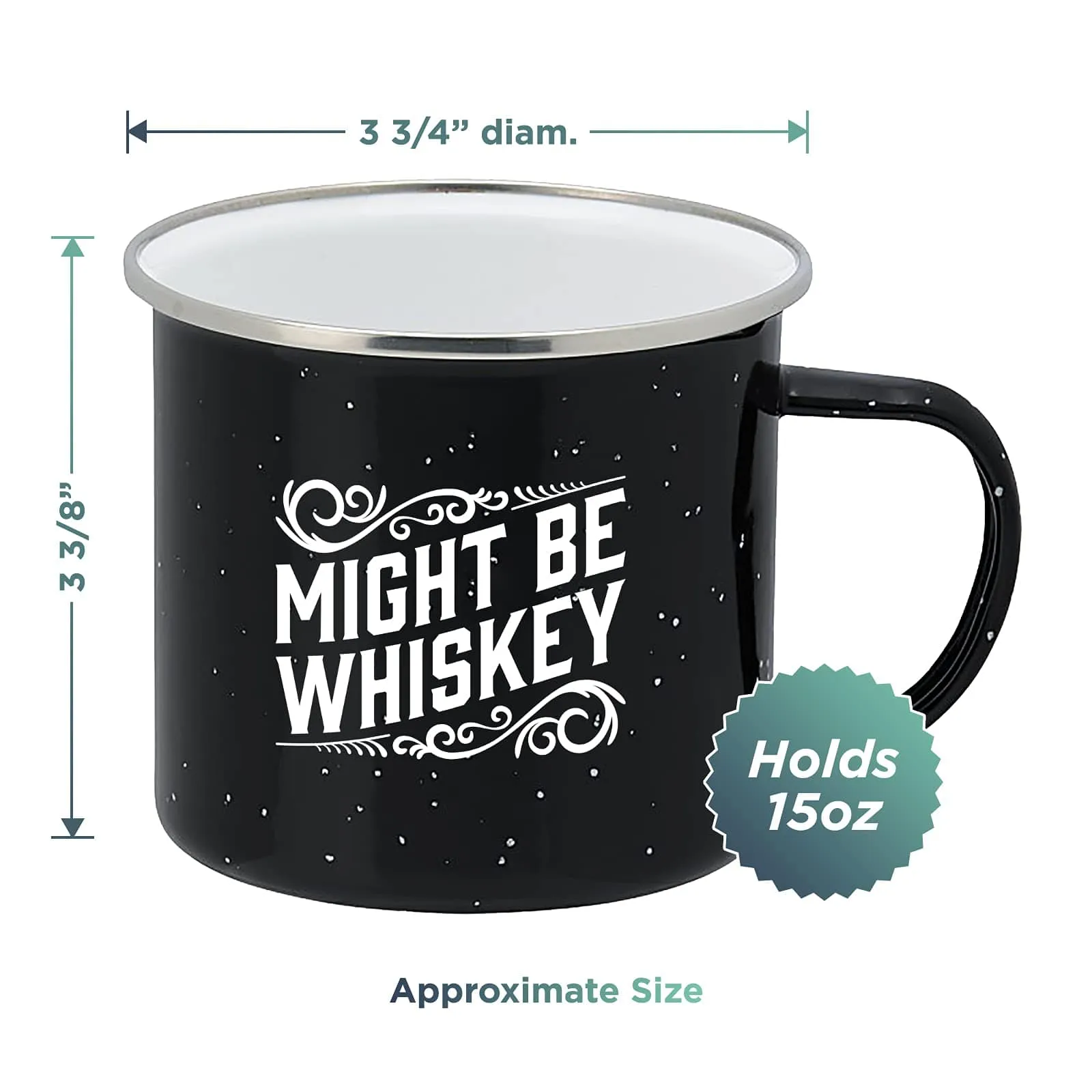 Enamel Camping Coffee Mug "Might Be Whiskey" Large Tin Cup 16 Ounce ,  (Midnight Black)